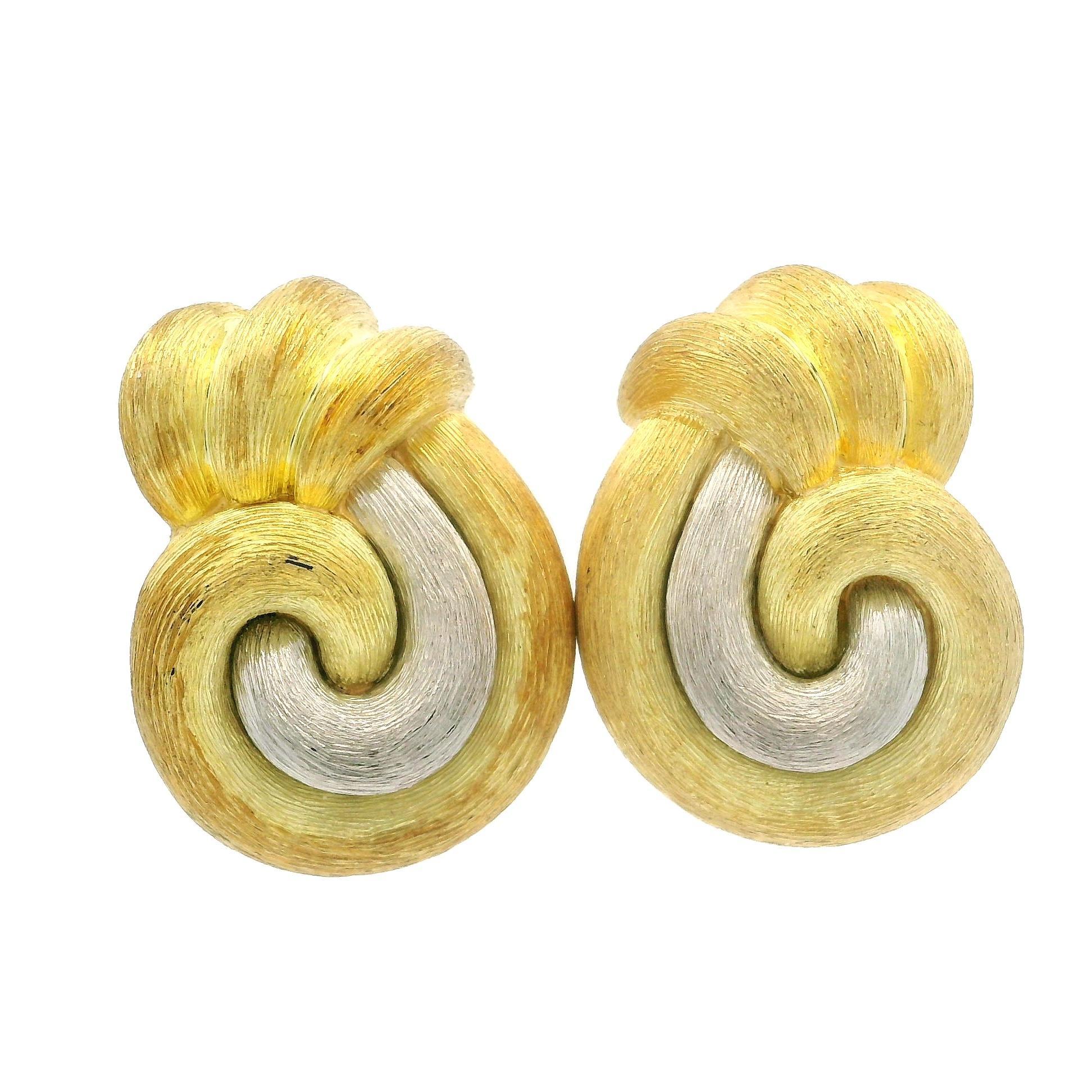 Henry Dunay 18 Yellow Gold & Platinum Brushed Finish Sabi Omega Earrings For Sale 3