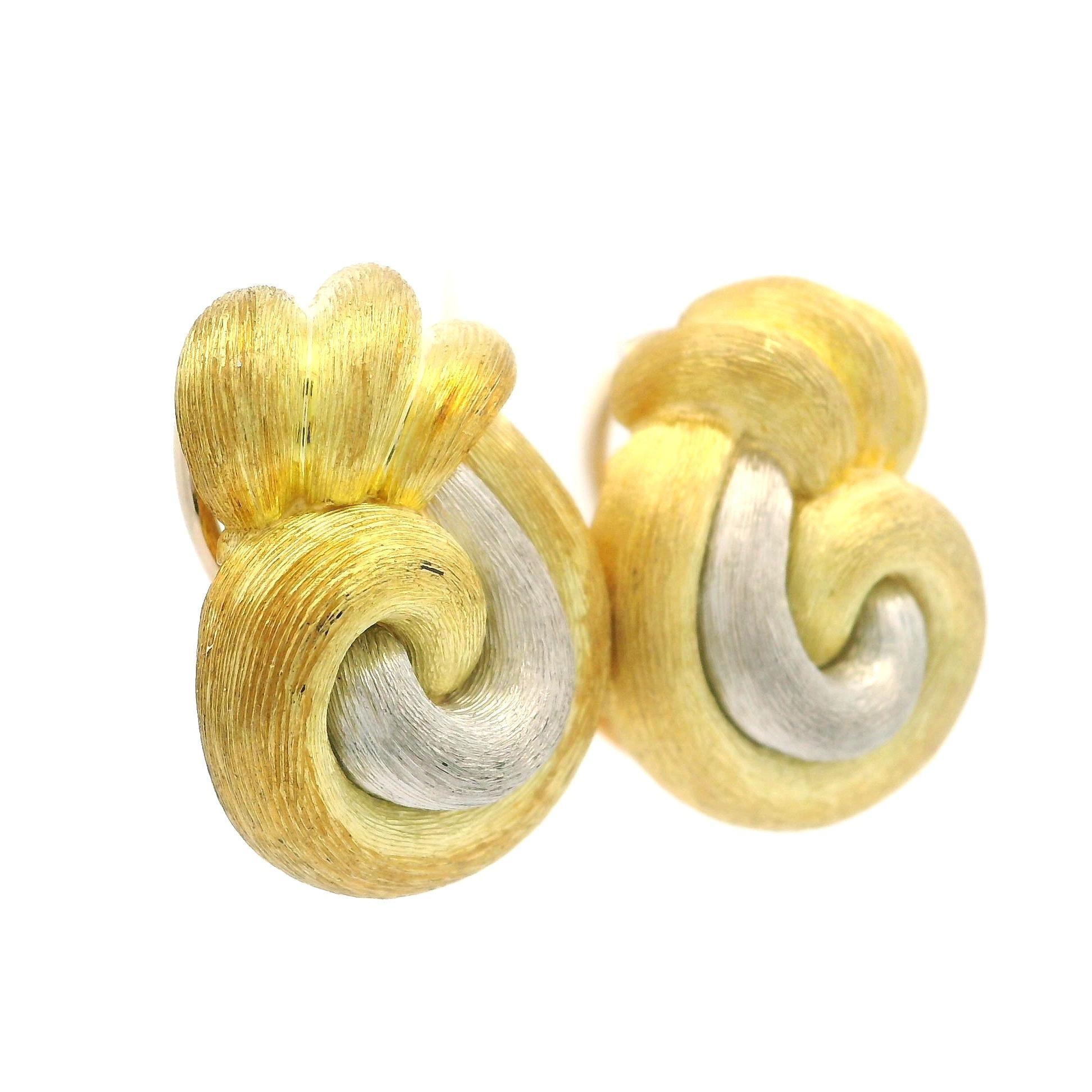 Henry Dunay 18 Yellow Gold & Platinum Brushed Finish Sabi Omega Earrings For Sale 4
