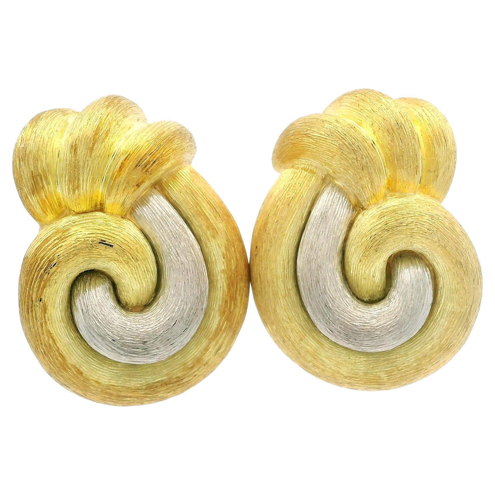 Henry Dunay 18 Yellow Gold & Platinum Brushed Finish Sabi Omega Earrings