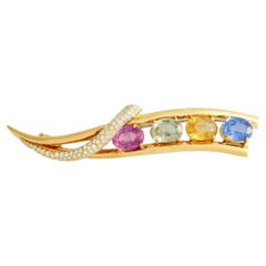 Henry Dunay 18K Yellow Gold 1.44ct Diamond and Multi-Colored Sapphire Brooch