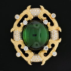 Henry Dunay 18k Yellow Gold GIA Cabochon Green Tourmaline & Diamond Brooch Pin