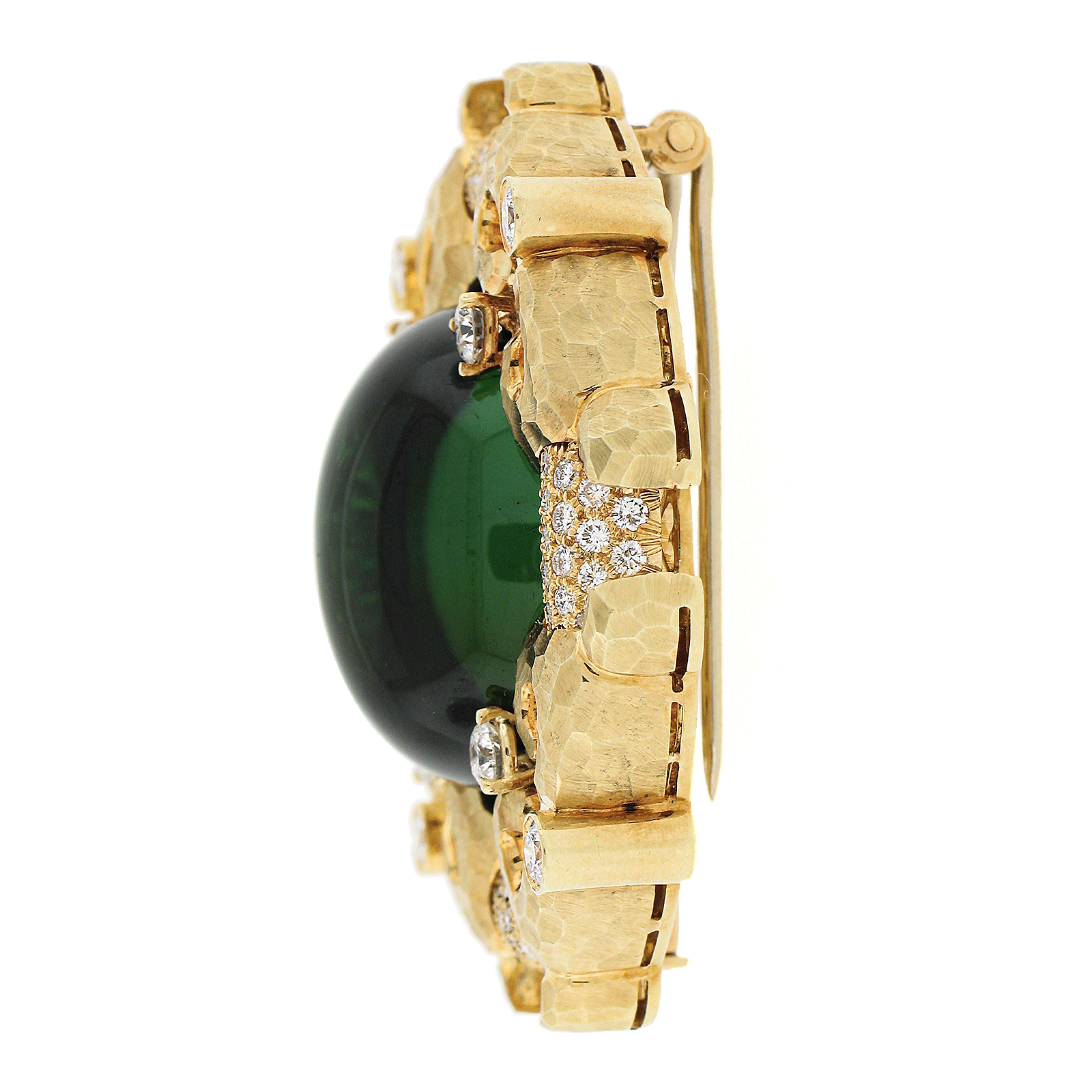 Henry Dunay 18k Yellow Gold GIA Cabochon Green Tourmaline & Diamond Brooch Pin For Sale 1