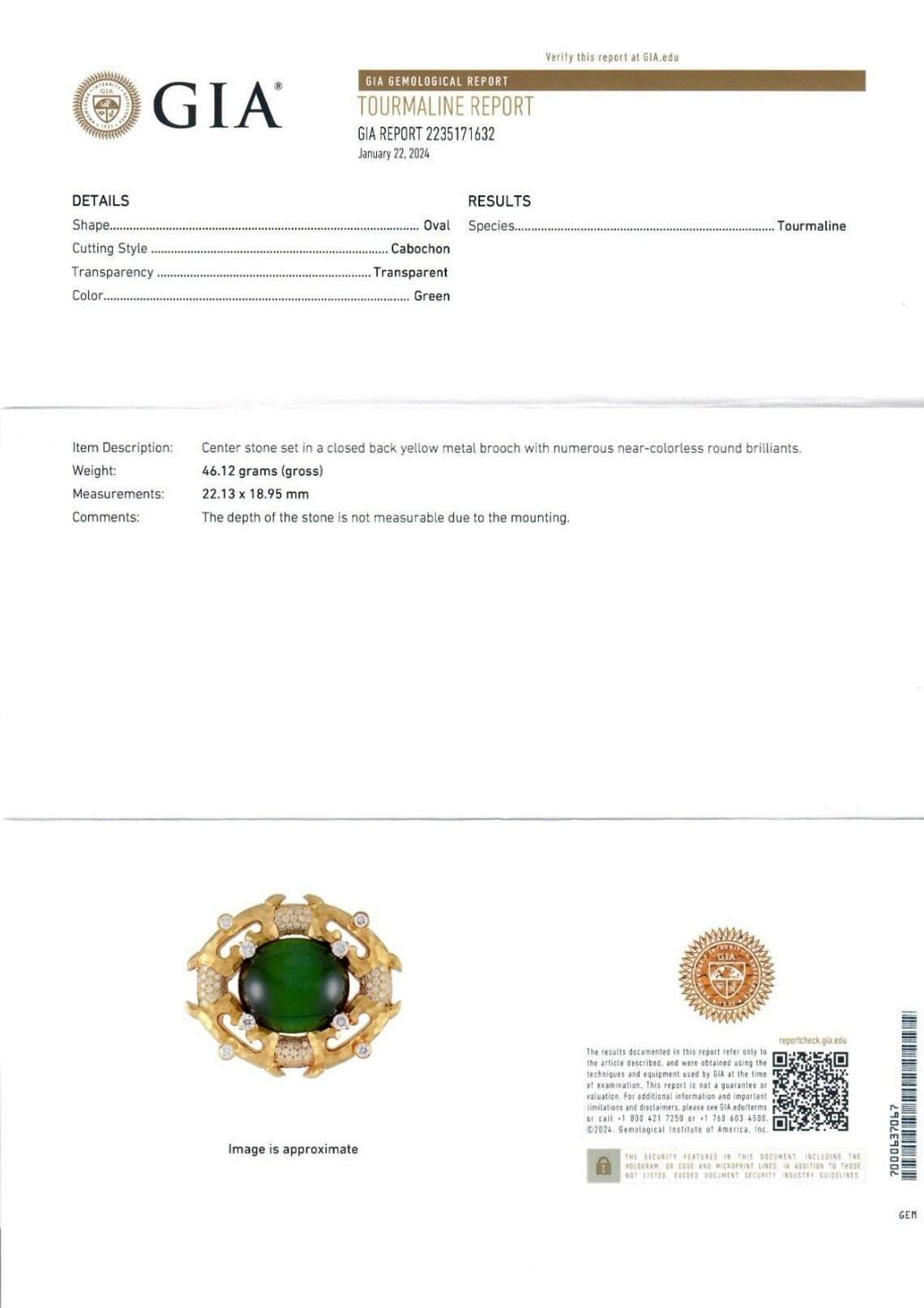 Henry Dunay Broche en or jaune 18 carats avec cabochon de tourmaline verte et diamants certifiés GIA en vente 3