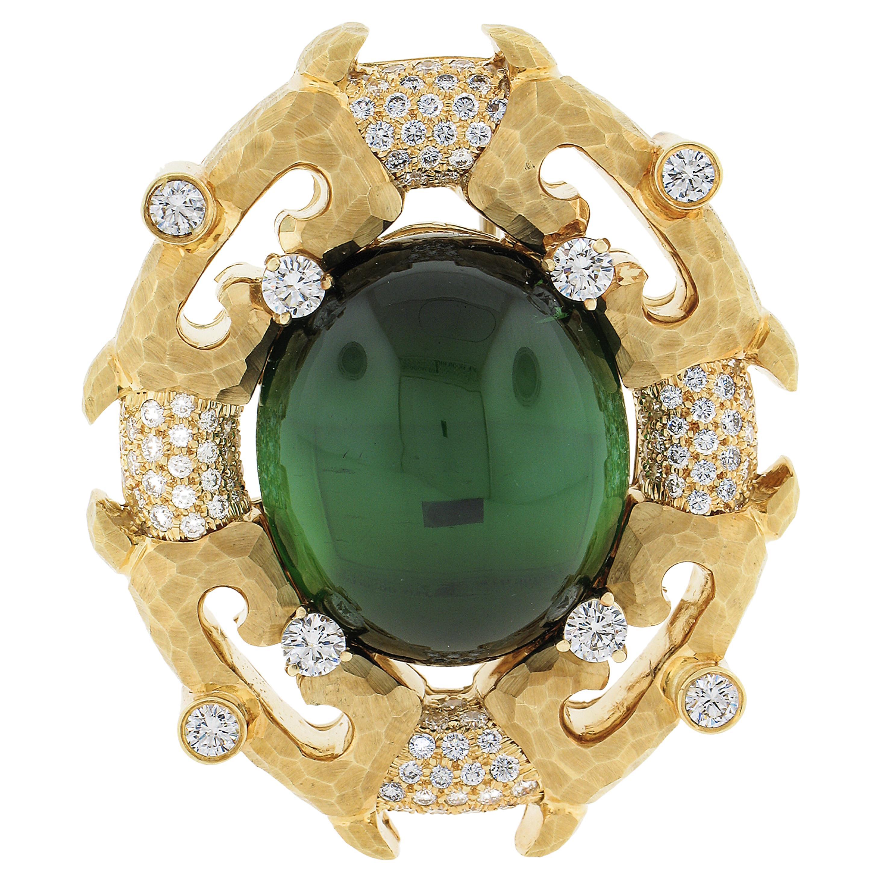 Henry Dunay 18k Yellow Gold GIA Cabochon Green Tourmaline & Diamond Brooch Pin For Sale
