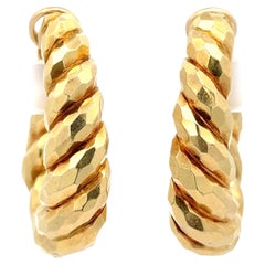 Henry Dunay 18K Yellow Gold Hammered Finish Hoop Huggie Clip On Earrings