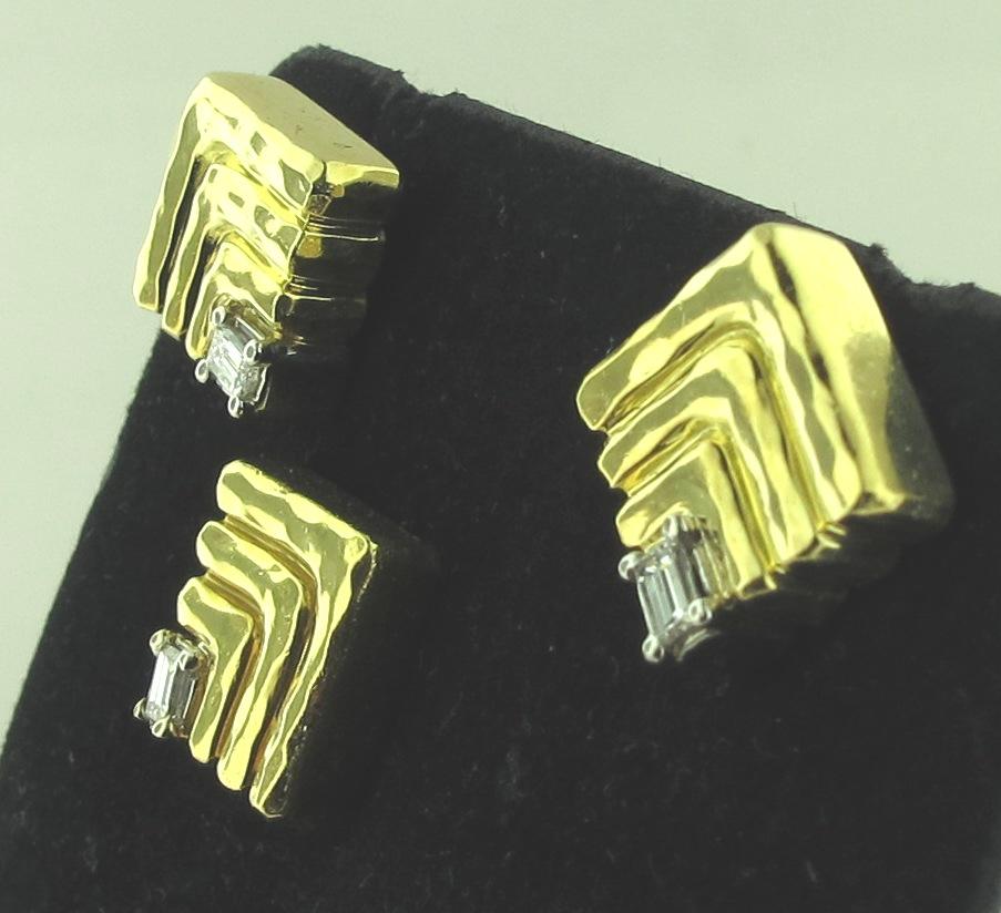 Signed Henry Dunay 18 karat yellow gold earrings with one square diamond in each, set in platinum.  Also included is a matching lapel pin.