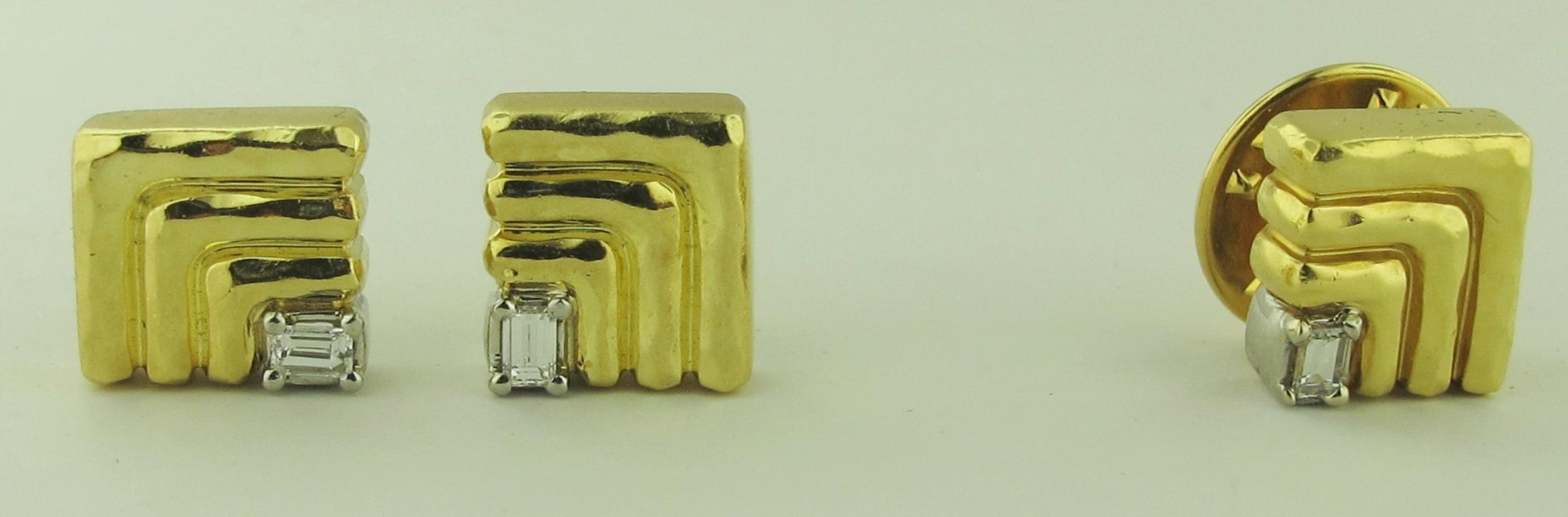 Women's or Men's Henry Dunay 18 Karat Yellow Gold and Platinum Diamond Earrings and Matching Pin