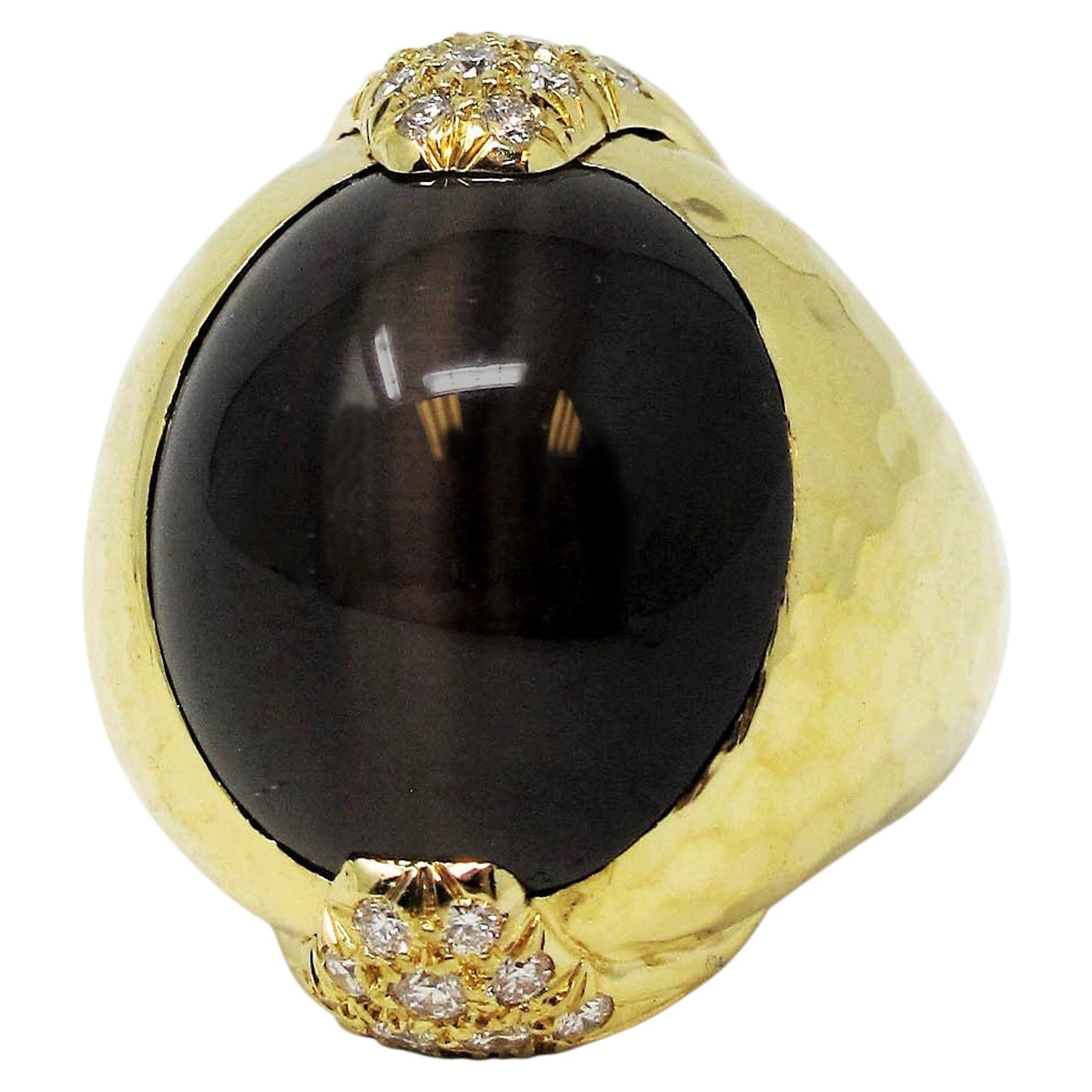 Henry Dunay Cabochon Cat's Eye Sillimanite and Diamond Dome Ring 18 Karat For Sale