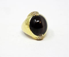 Henry Dunay Cabochon Cat's Eye Sillimanite & Diamond Dome Ring Hammered 18K Gold