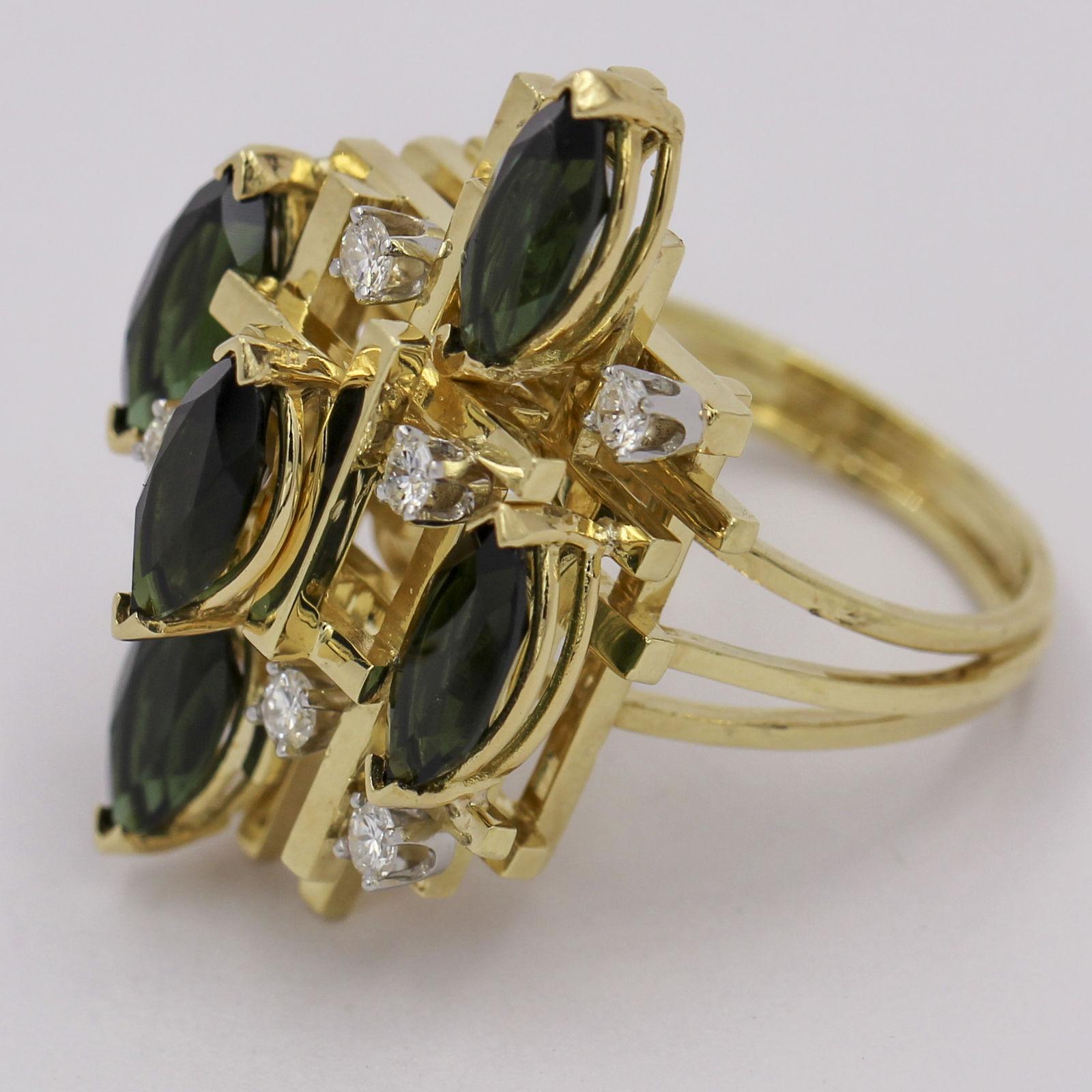 Marquise Cut Henry Dunay Chrome Tourmaline and Diamond 18 Karat Yellow Gold Cocktail Ring For Sale