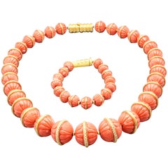 Henry Dunay Coral Diamond and 18 Karat Gold Necklace Bracelet Suite