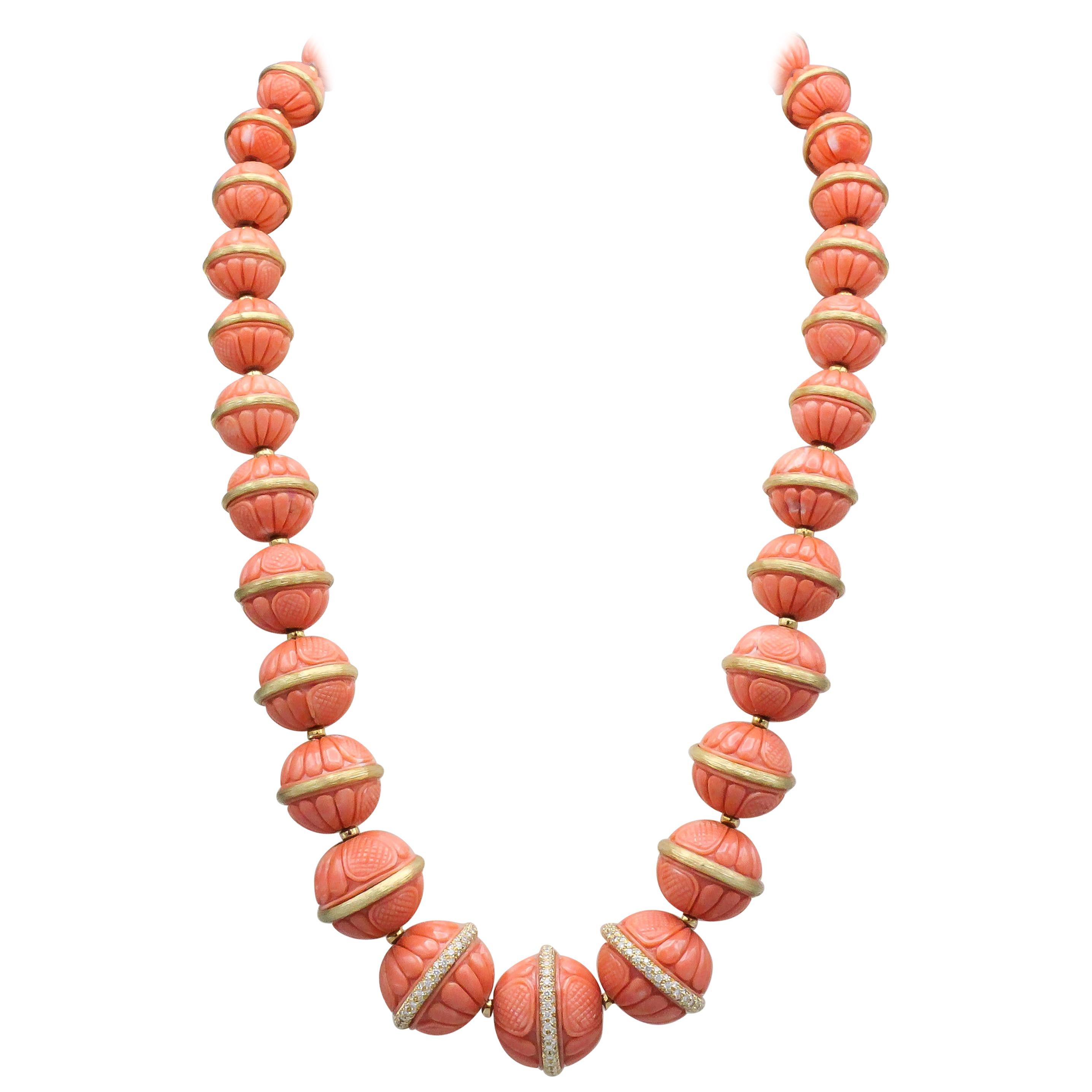 Henry Dunay Coral Diamond and 18 Karat Gold Necklace