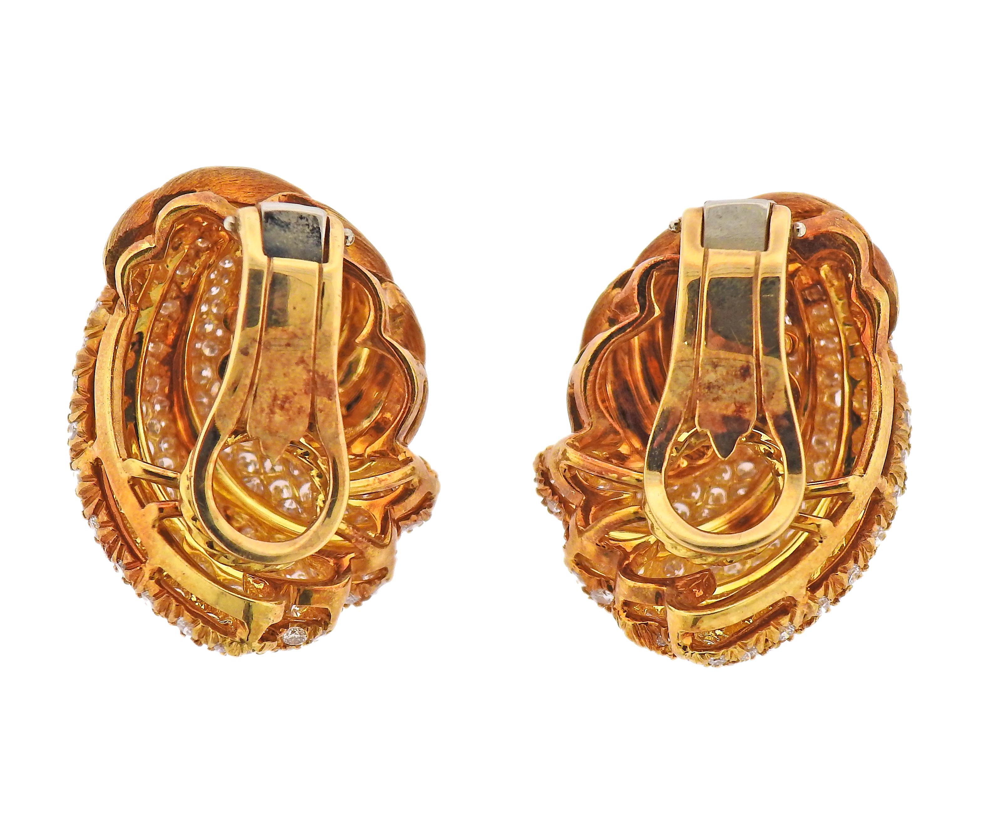 Pair of large 18k yellow gold brushed finish earrings, set with approx. 2.60ctw in diamonds. Earrings are 28mm x 21mm. Marked: 750, C1241, Dunay, 18k. Weight - 29.2 grams.