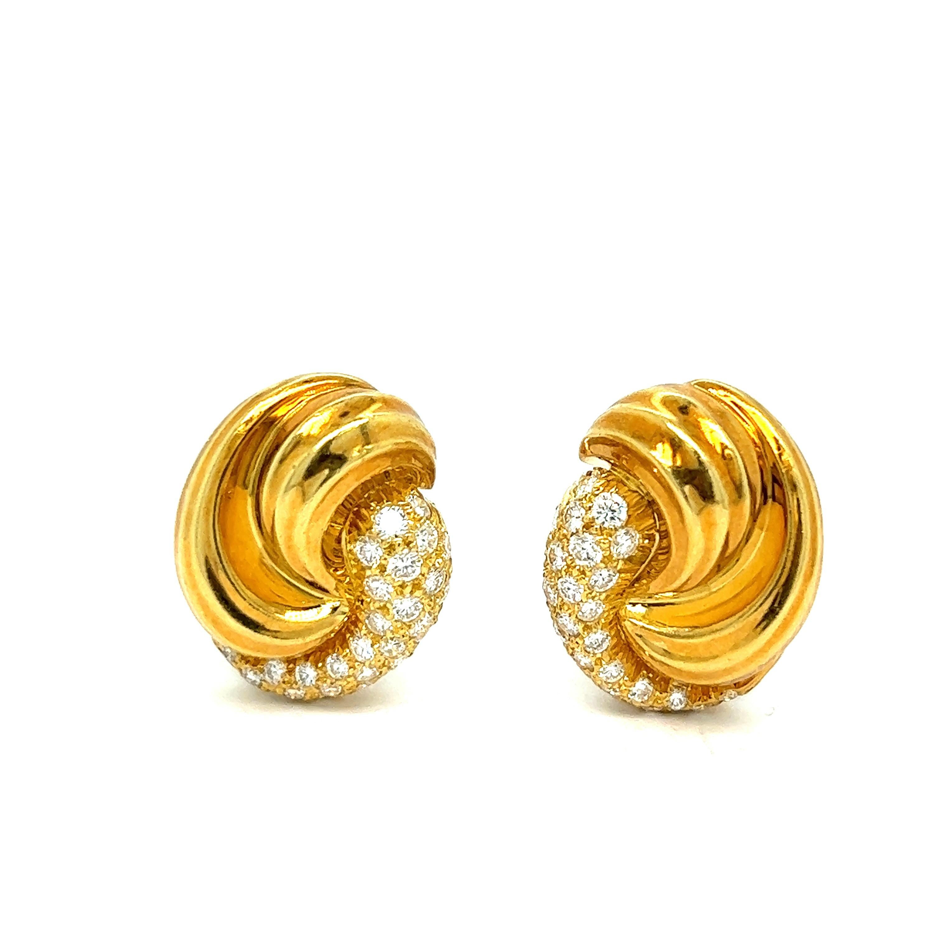 Pair of 18k yellow gold earrings , designed by Henry Dunay. Adorned with approx. 0.60ctw G/VS diamonds.  The earrings measure 18mm x 15mm. Hallmarked 18k Dunay. Weight of the pair - 12.6 grams. 