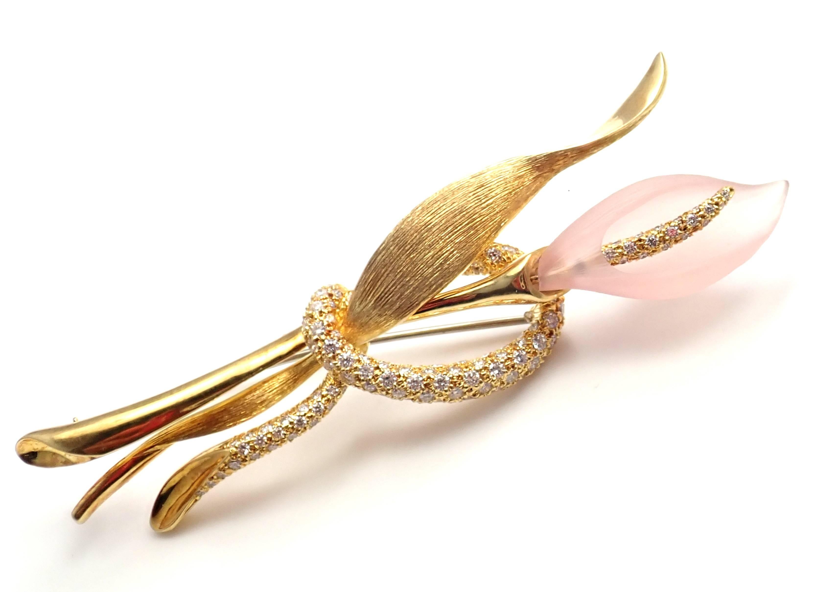 Brilliant Cut Henry Dunay Diamond Rose Quartz Calla Lily Flower Yellow Gold Pin Brooch For Sale