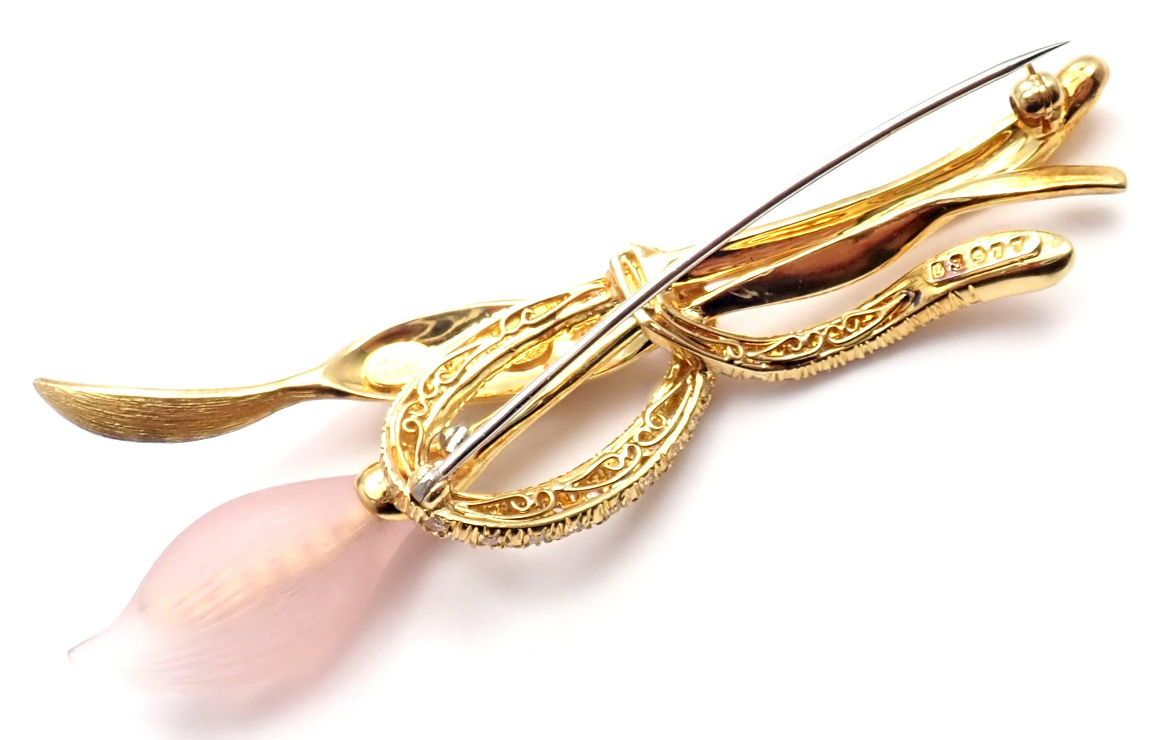 Henry Dunay Diamond Rose Quartz Calla Lily Flower Yellow Gold Pin Brooch In New Condition In Holland, PA