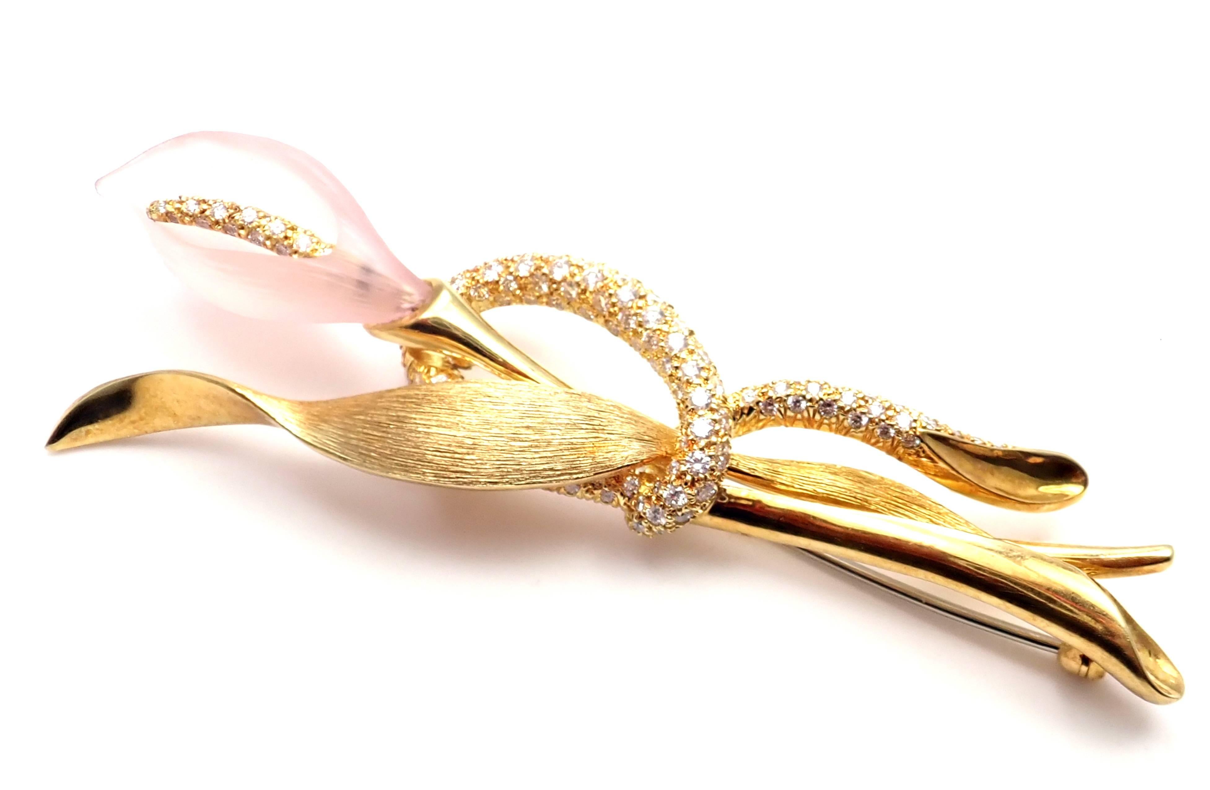 Henry Dunay Diamond Rose Quartz Calla Lily Flower Yellow Gold Pin Brooch For Sale 4