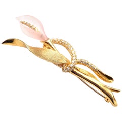 Henry Dunay Diamond Rose Quartz Calla Lily Flower Yellow Gold Pin Brooch
