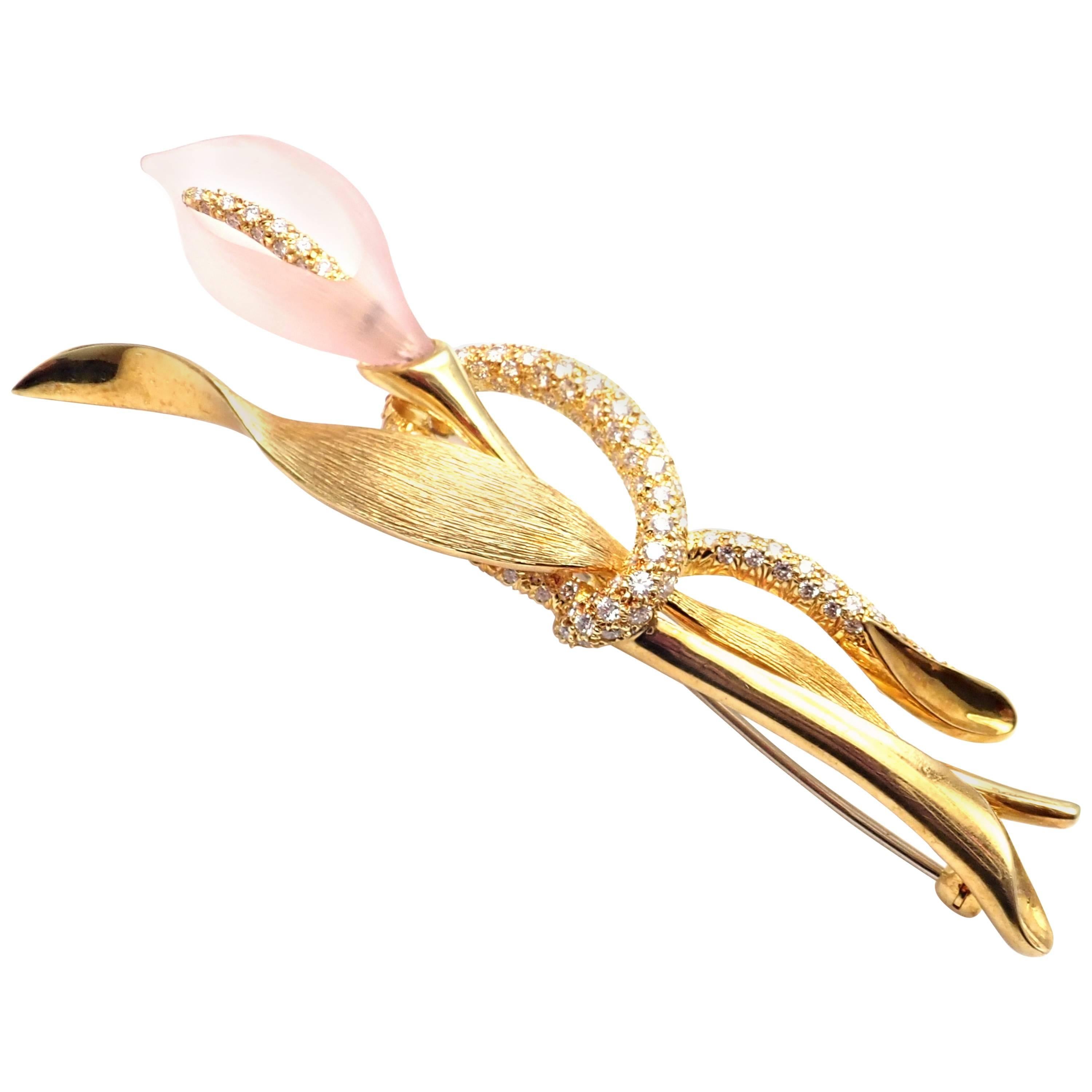 Henry Dunay Diamond Rose Quartz Calla Lily Flower Yellow Gold Pin Brooch For Sale