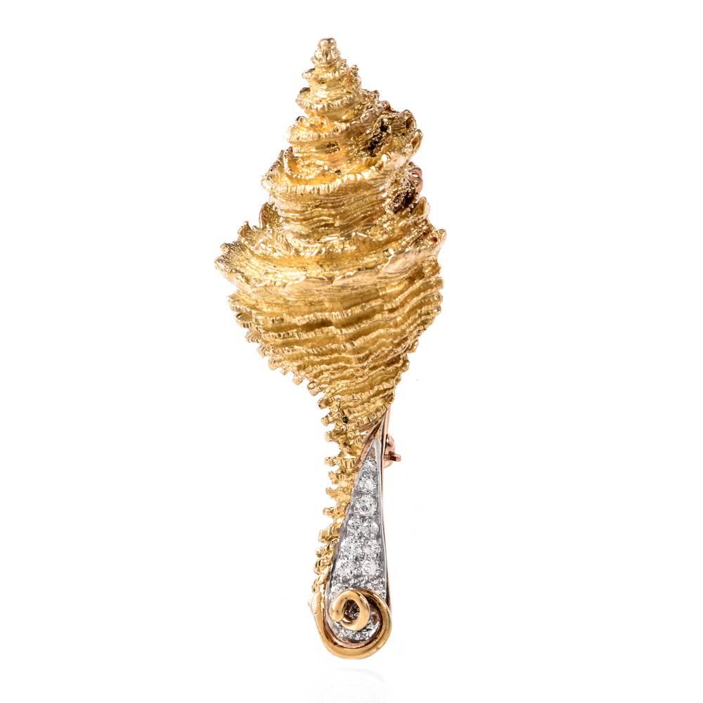 Henry Dunay Estate Yellow Gold Diamond Conch Shell Pin Brooch