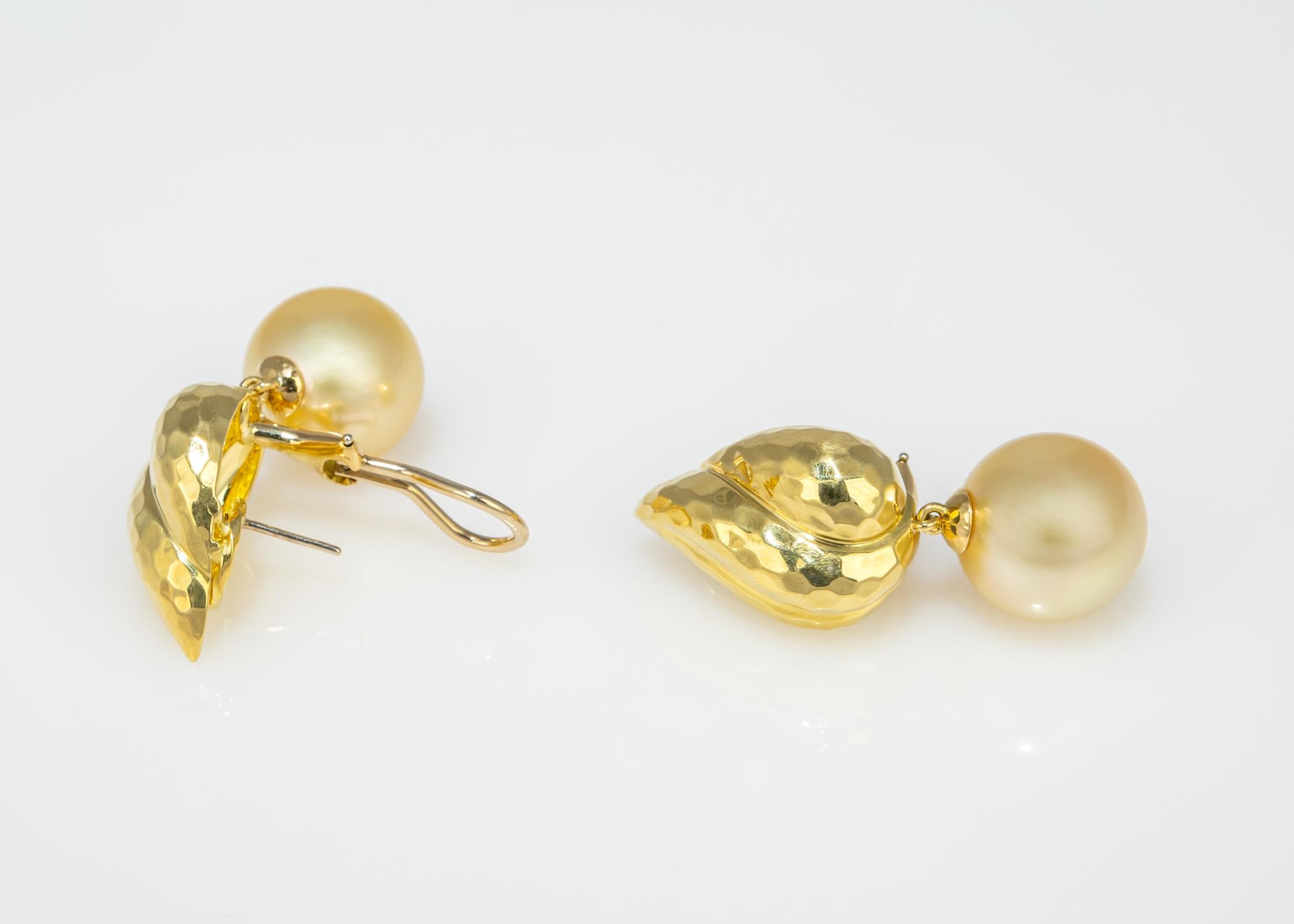 Round Cut Henry Dunay Faceted Gold and Golden South Sea Pearl Earrings For Sale