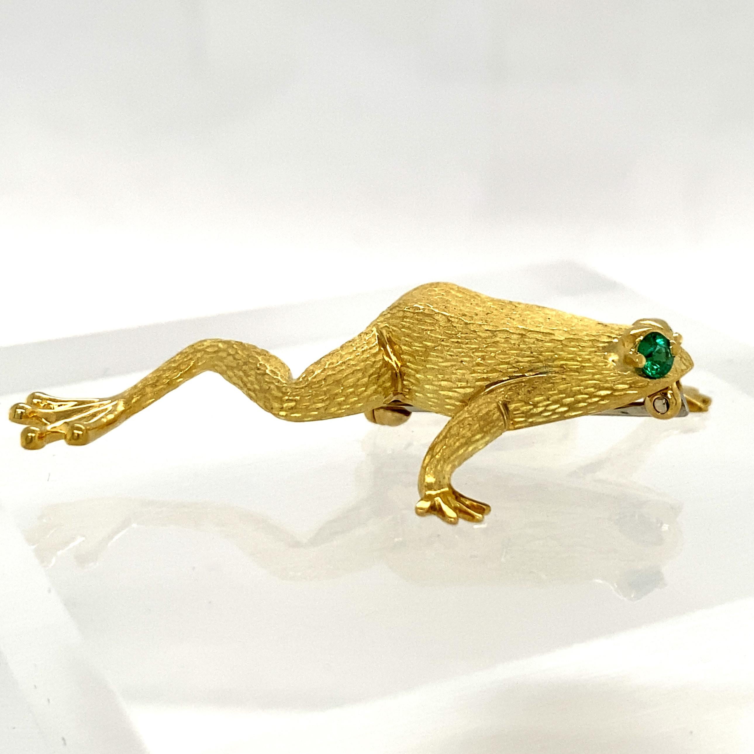 Round Cut Henry Dunay Frog Brooch in 18 Karat Gold with Emerald Eyes