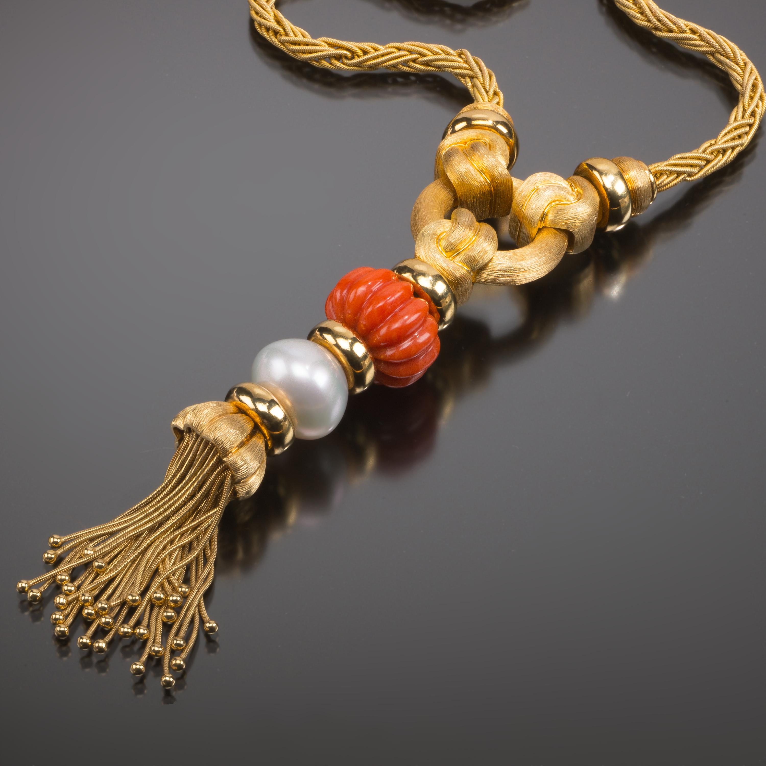 Henry Dunay Gold, Coral and Cultured Pearl Sautoir In Good Condition In Weston, MA
