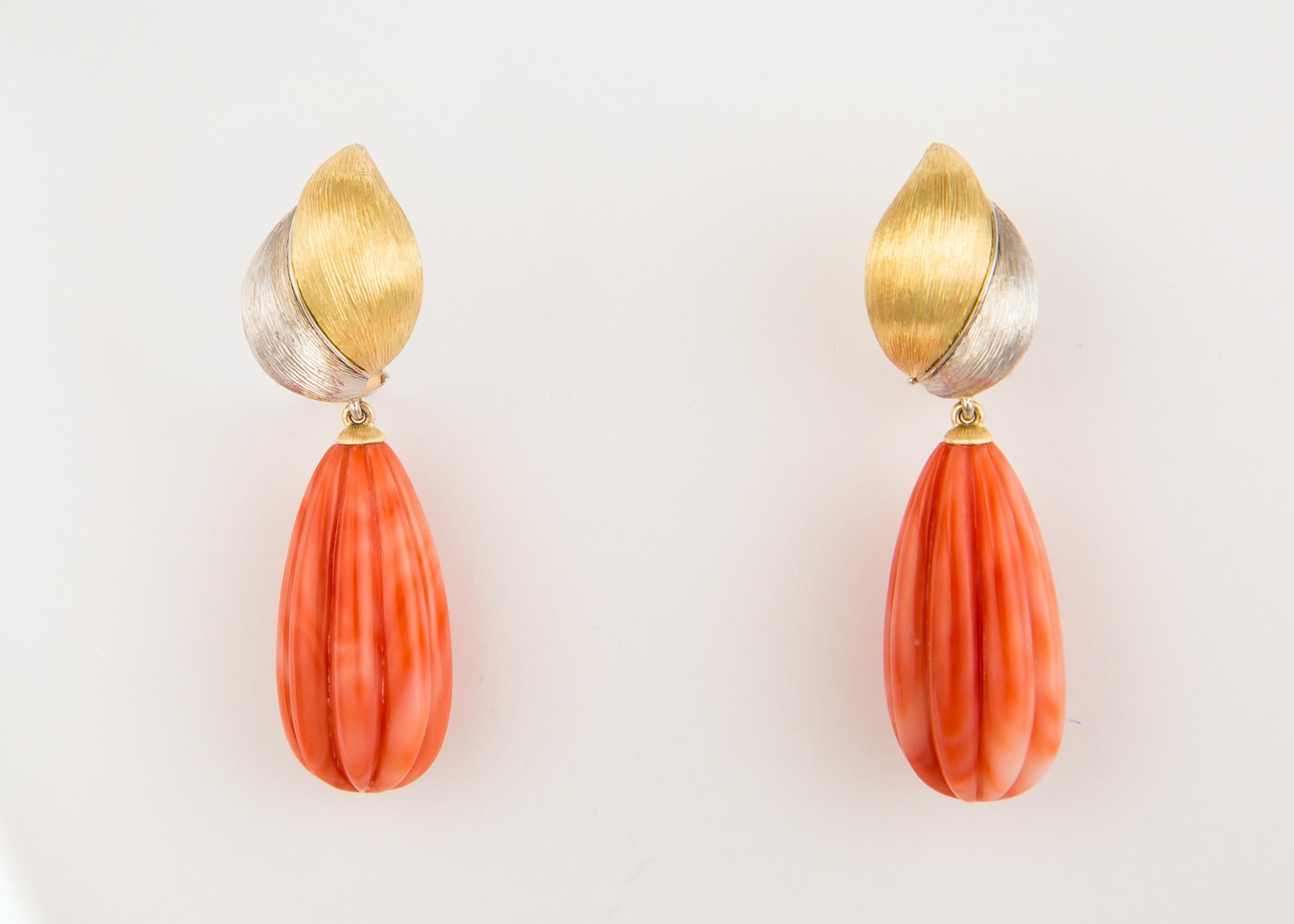 Contemporary Henry Dunay Gold Platinum and Coral Drop Earrings