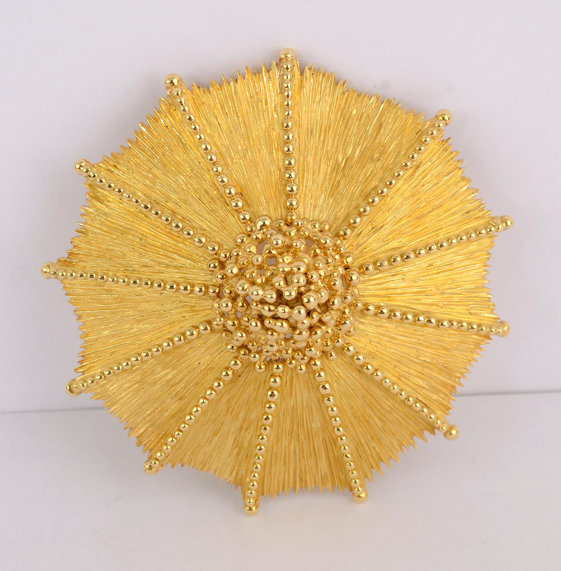 Wonderfully textured and dimensional pendant/ brooch by American designer, Henry Dunay. Dunay has been awarded over 50 National and International Awards over fifty years and  is the four time winner of the Diamond International award.
Among other