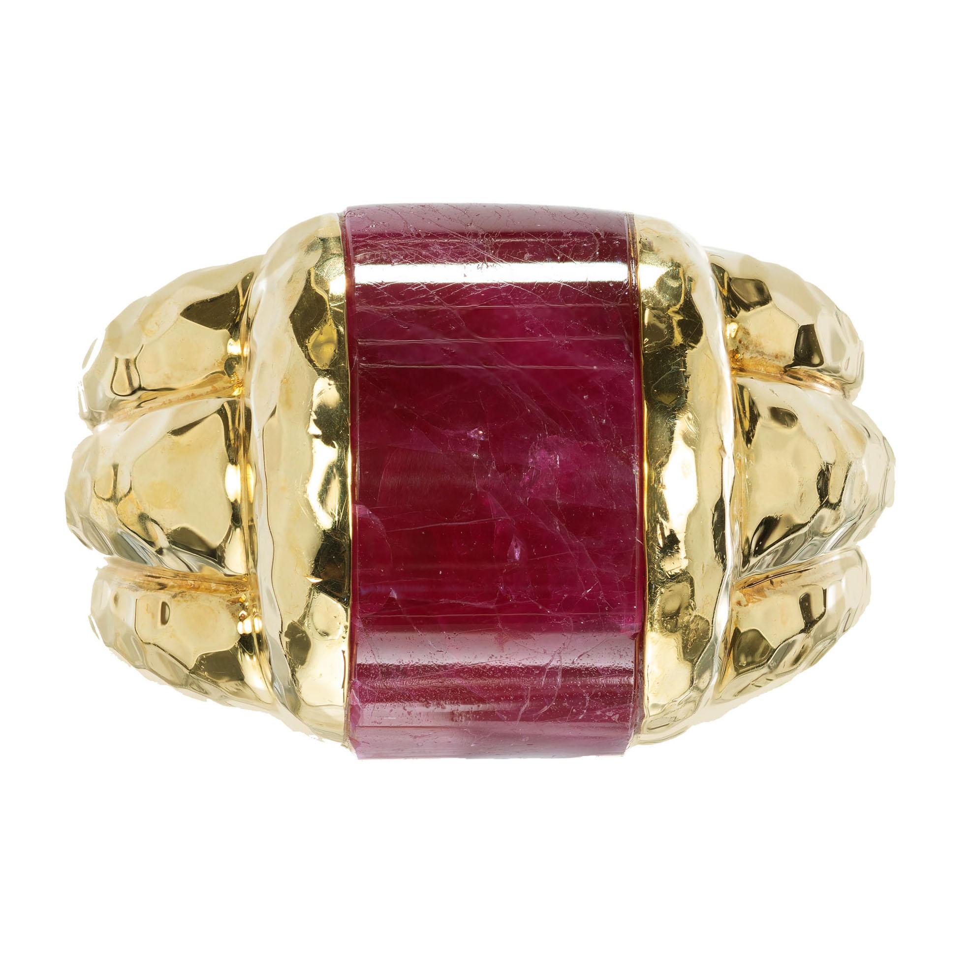 Henry Dunay ruby hammered cocktail ring. Crescent shaped certified Half Cylinder fitted Ruby center approx. 7.0cts. GIA Natural Ruby. No heat, No Enhancements.  Moderate inclusions. 

Ruby crescent center,  approx. 7.0ct. GIA certificate #