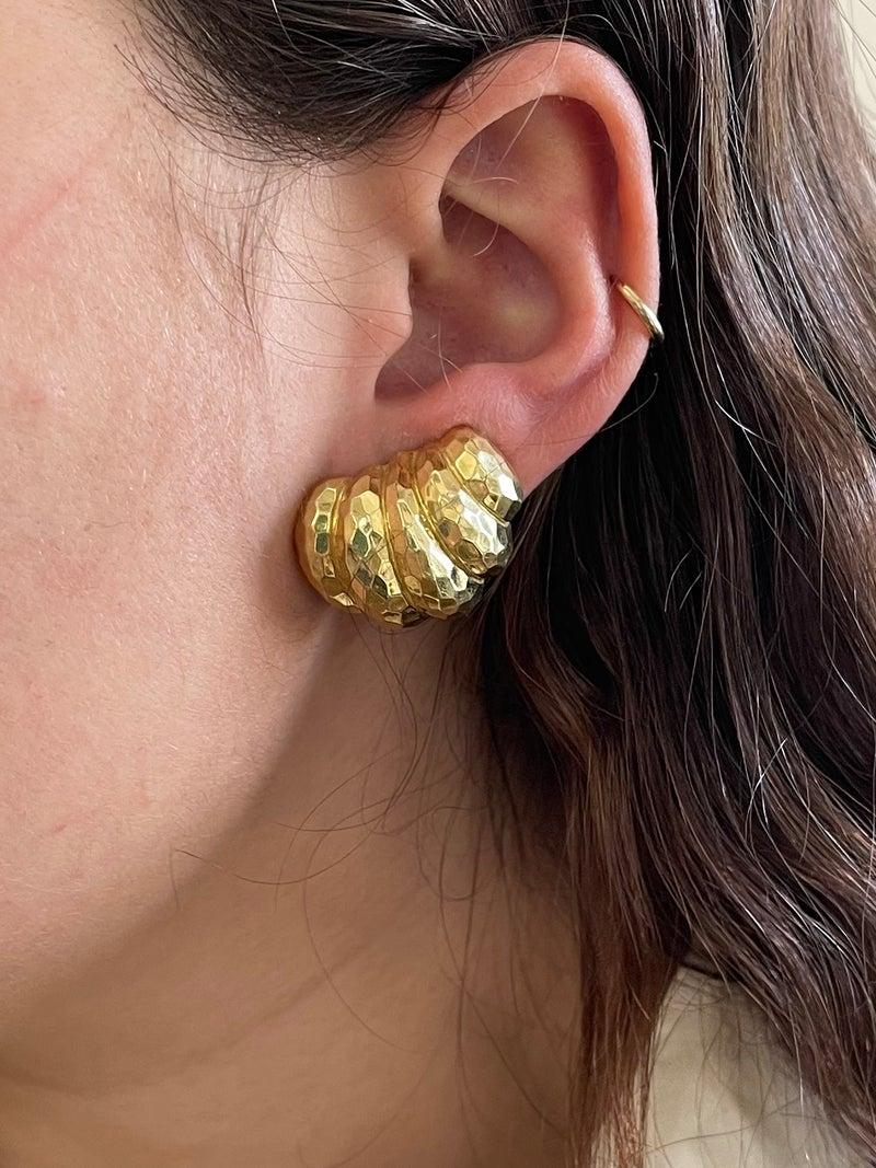 Pair of 18k hammered yellow gold earrings by Henry Dunay.  Earrings measure 26mm x 22mm.  Marked: Dunay 18k. Weight - 20 grams.