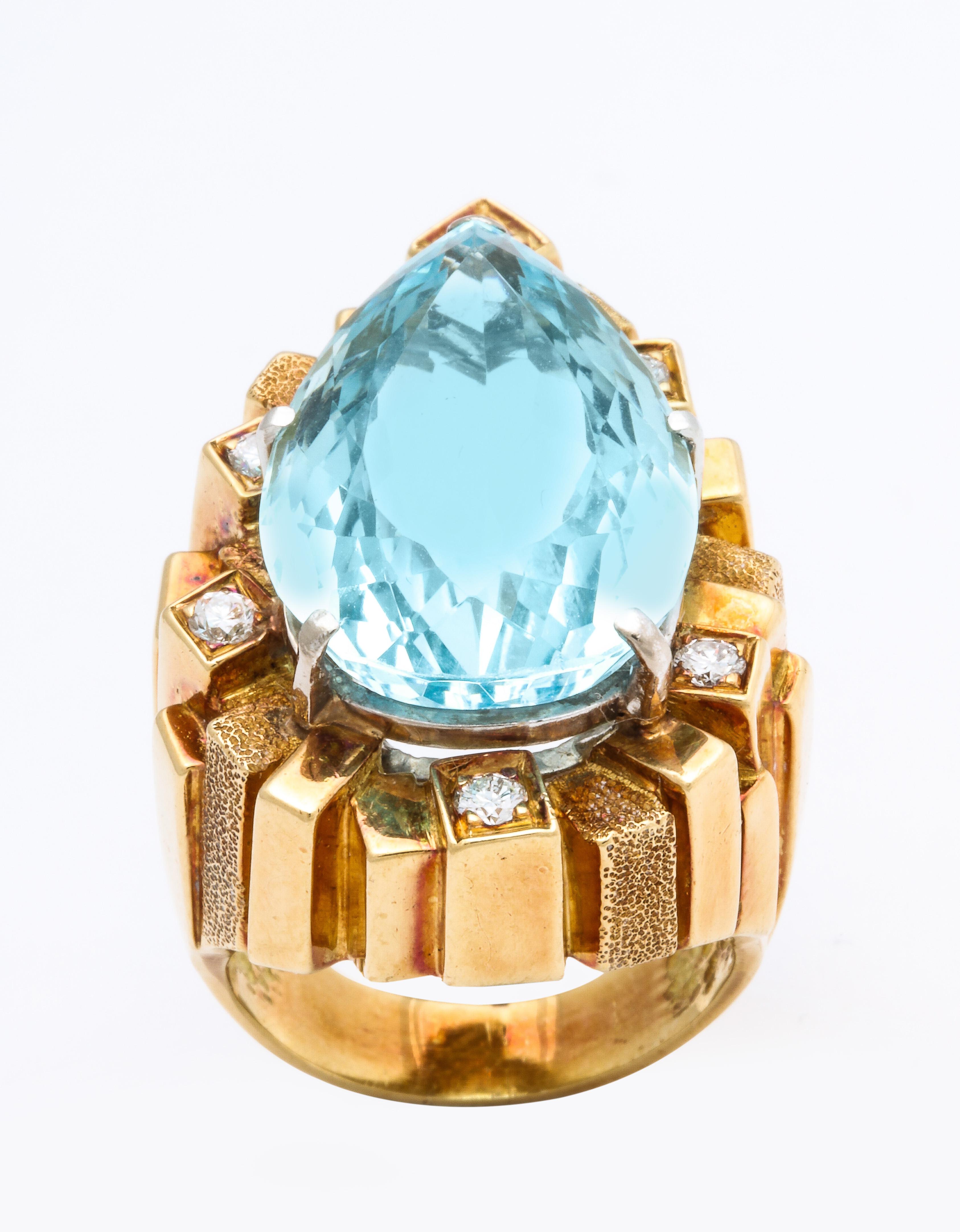 Henry Dunay Large Pear Shape Aquamarine and Diamond Cocktail  Ring For Sale 1