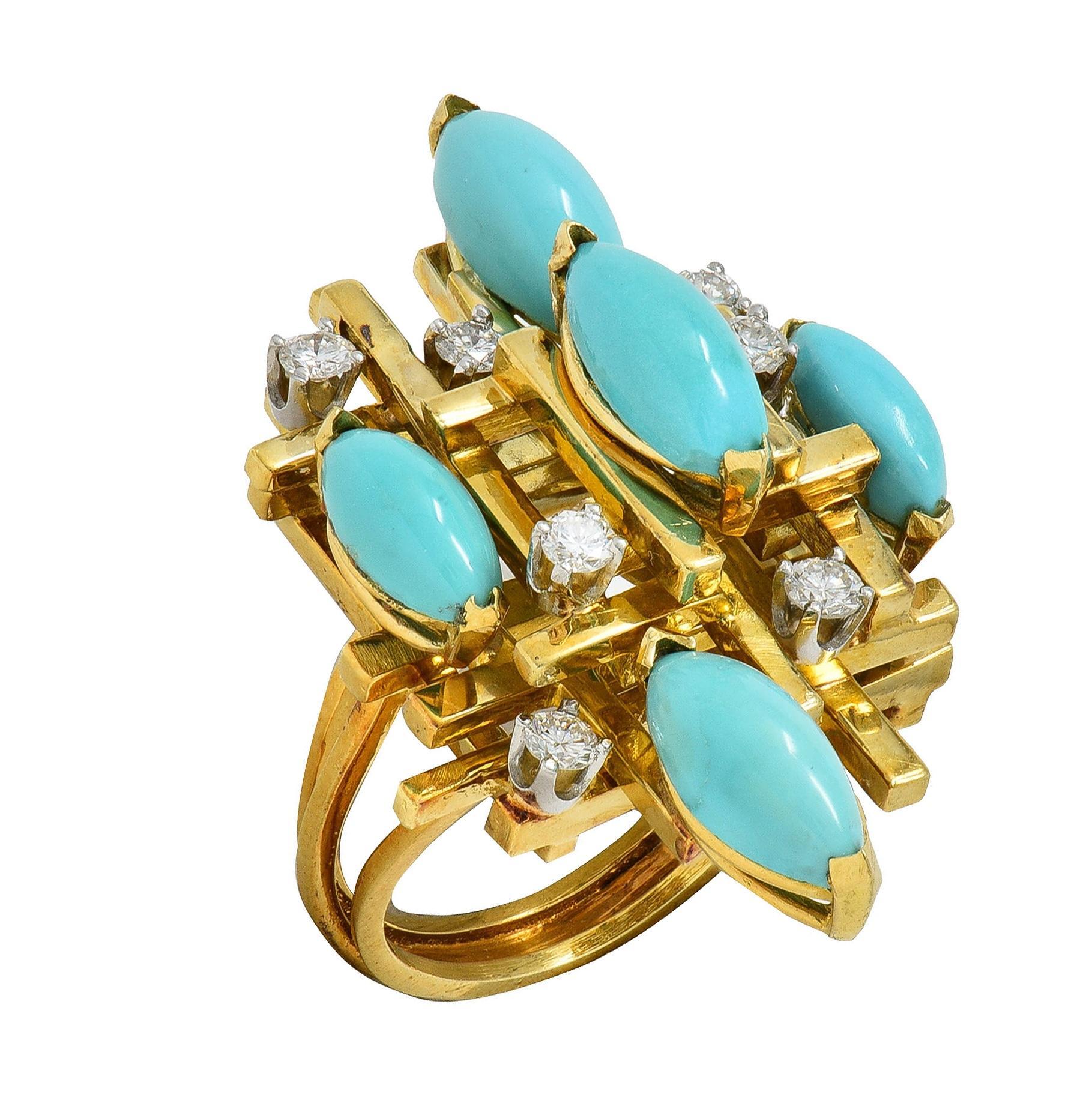 Henry Dunay Modernist Diamond Turquoise Platinum 18K Gold Cocktail Ring For Sale 5