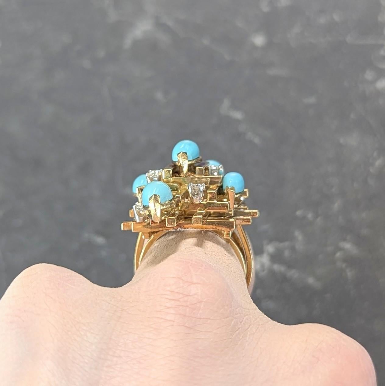 Henry Dunay Modernist Diamond Turquoise Platinum 18K Gold Cocktail Ring For Sale 6