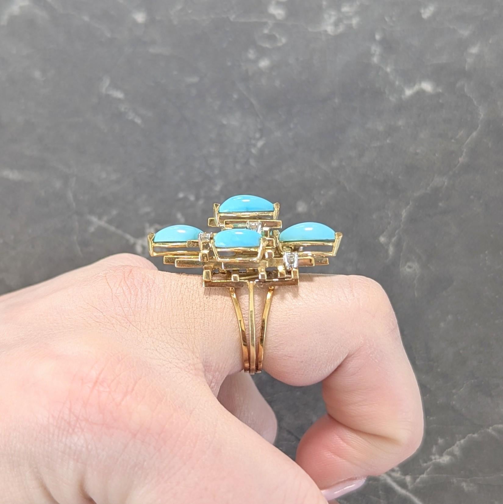 Henry Dunay Modernist Diamond Turquoise Platinum 18K Gold Cocktail Ring For Sale 7