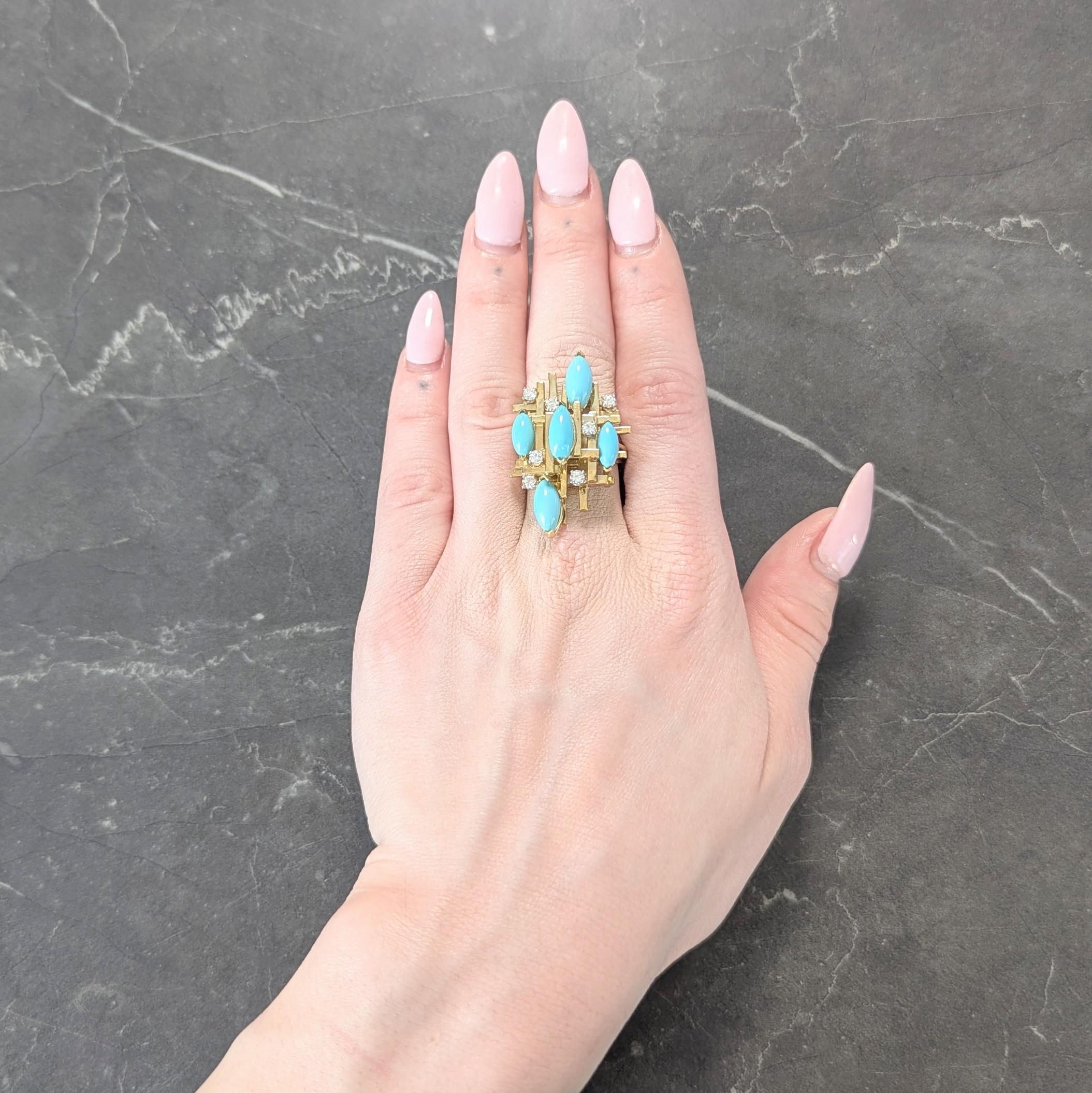 Designed as a dimensional cluster of stacked grid-like gold bars
Accented by round brilliant cut diamonds prong set in platinum
Weighing approximately 0.50 carat total - G color with VS2 clarity
With marquise shaped turquoise cabochons