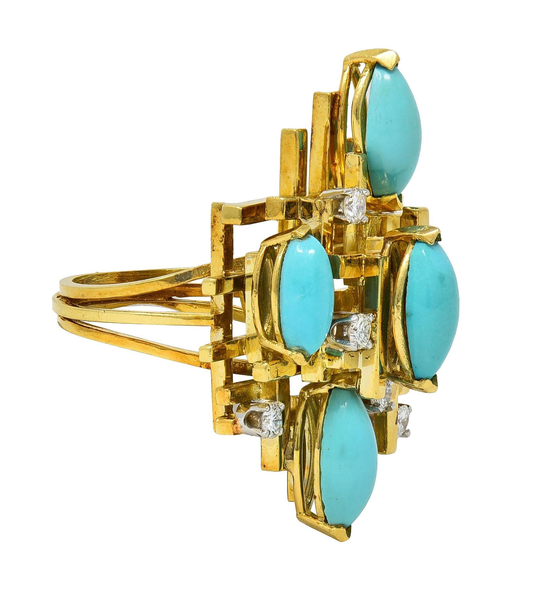 Brilliant Cut Henry Dunay Modernist Diamond Turquoise Platinum 18K Gold Cocktail Ring For Sale