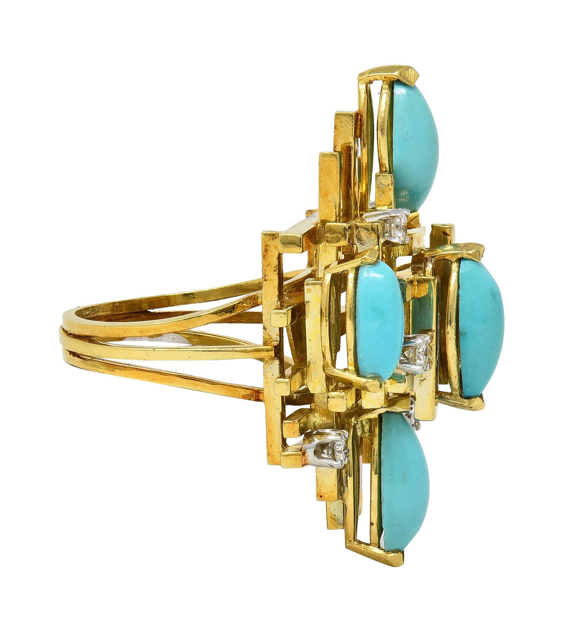 Women's or Men's Henry Dunay Modernist Diamond Turquoise Platinum 18K Gold Cocktail Ring For Sale