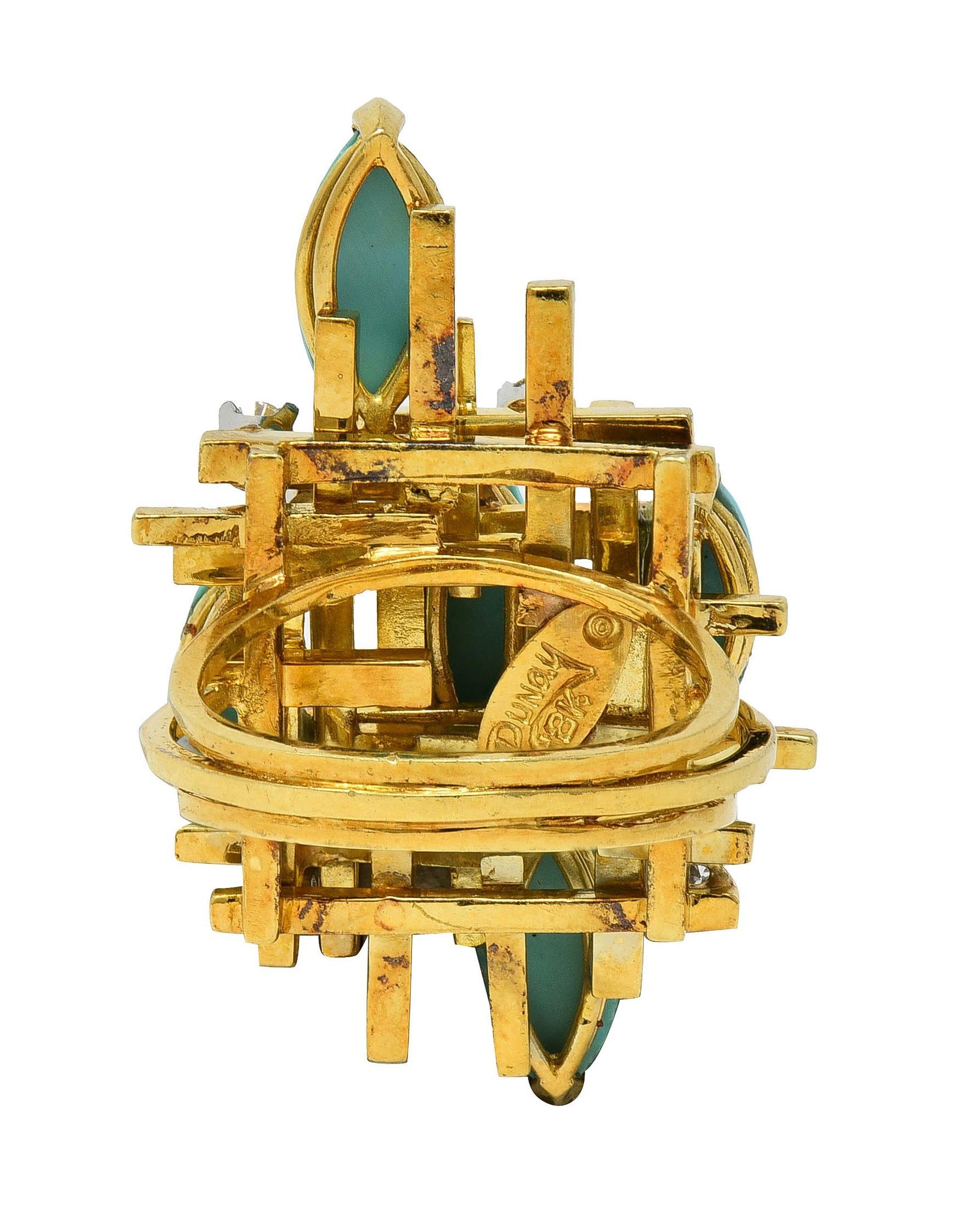 Henry Dunay Modernist Diamond Turquoise Platinum 18K Gold Cocktail Ring For Sale 1
