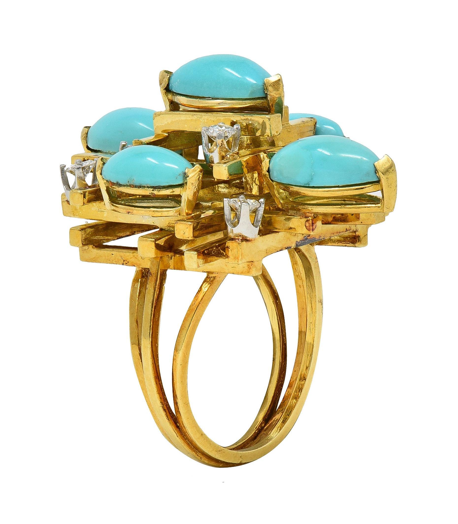 Henry Dunay Modernist Diamond Turquoise Platinum 18K Gold Cocktail Ring For Sale 4