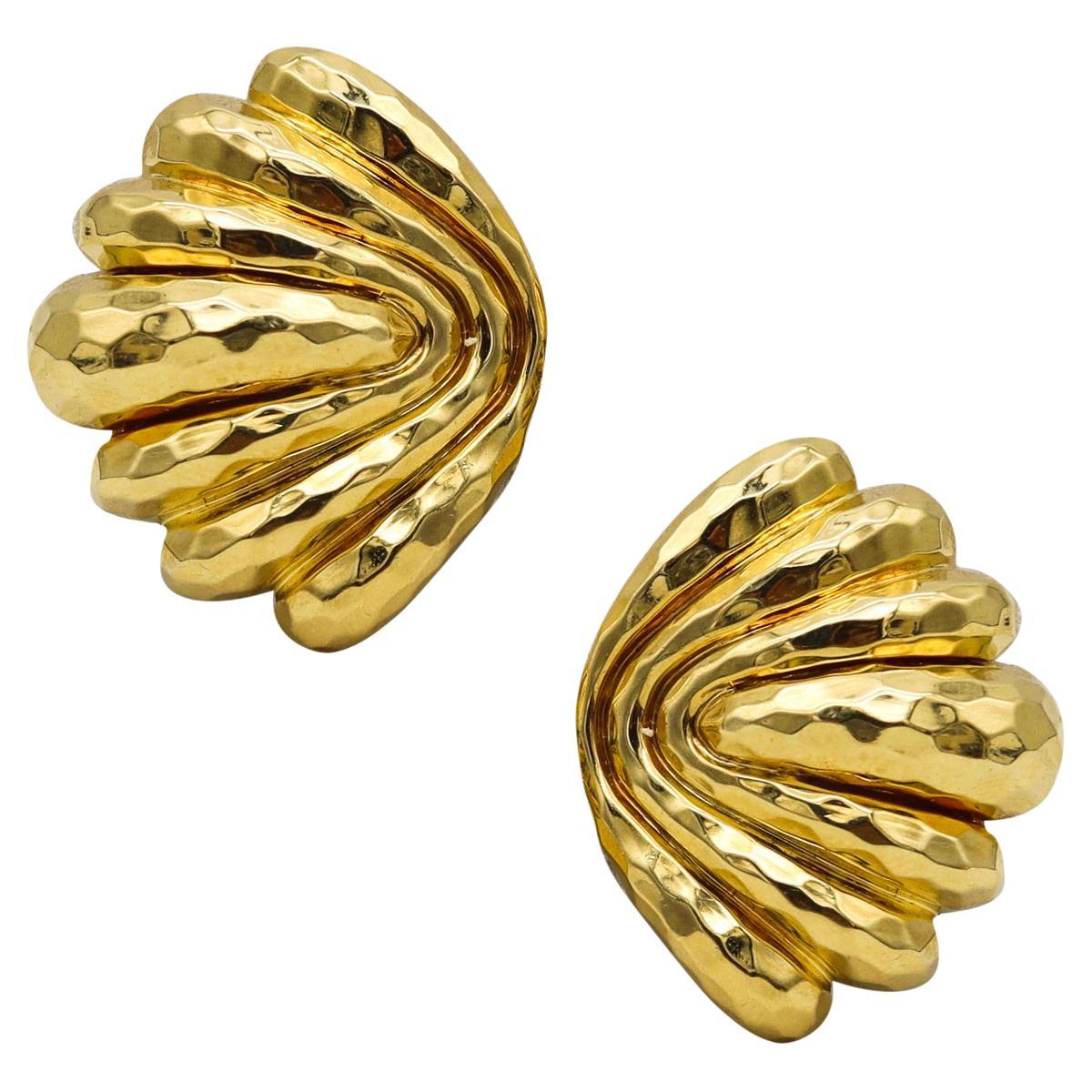 Henry Dunay New York Faceted Hammered Clips on Earrings in Textured 18Kt Gold For Sale
