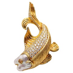 HENRY DUNAY New York Broche poisson en or jaune massif 18 carats avec diamants VS