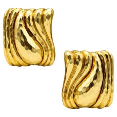Vintage Henry Dunay New York Large Faceted Textured Earrings Hammered 18Kt Yellow Gold