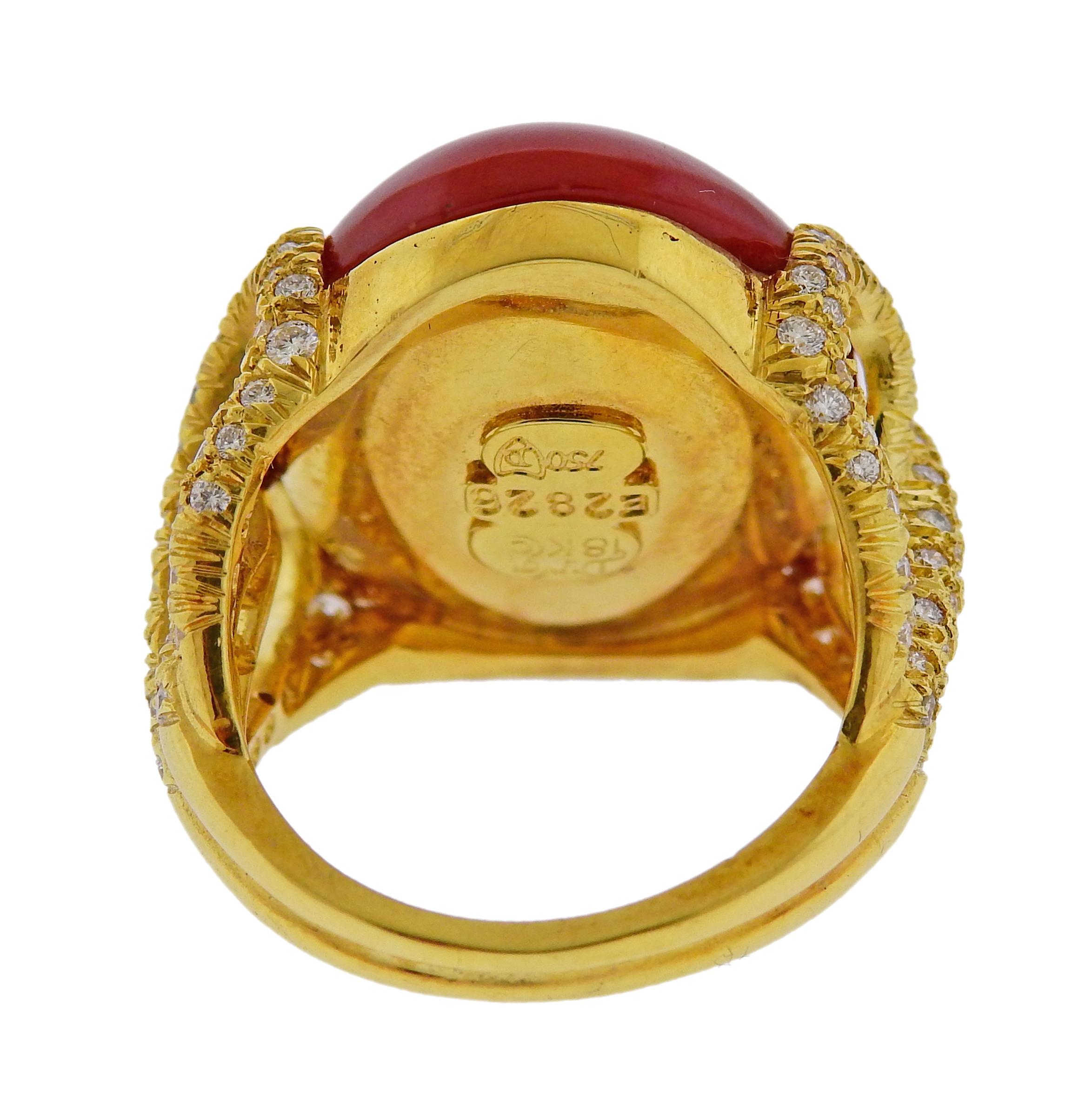 Henry Dunay Oxblood Coral Diamond Gold Ring In Excellent Condition For Sale In Lambertville, NJ