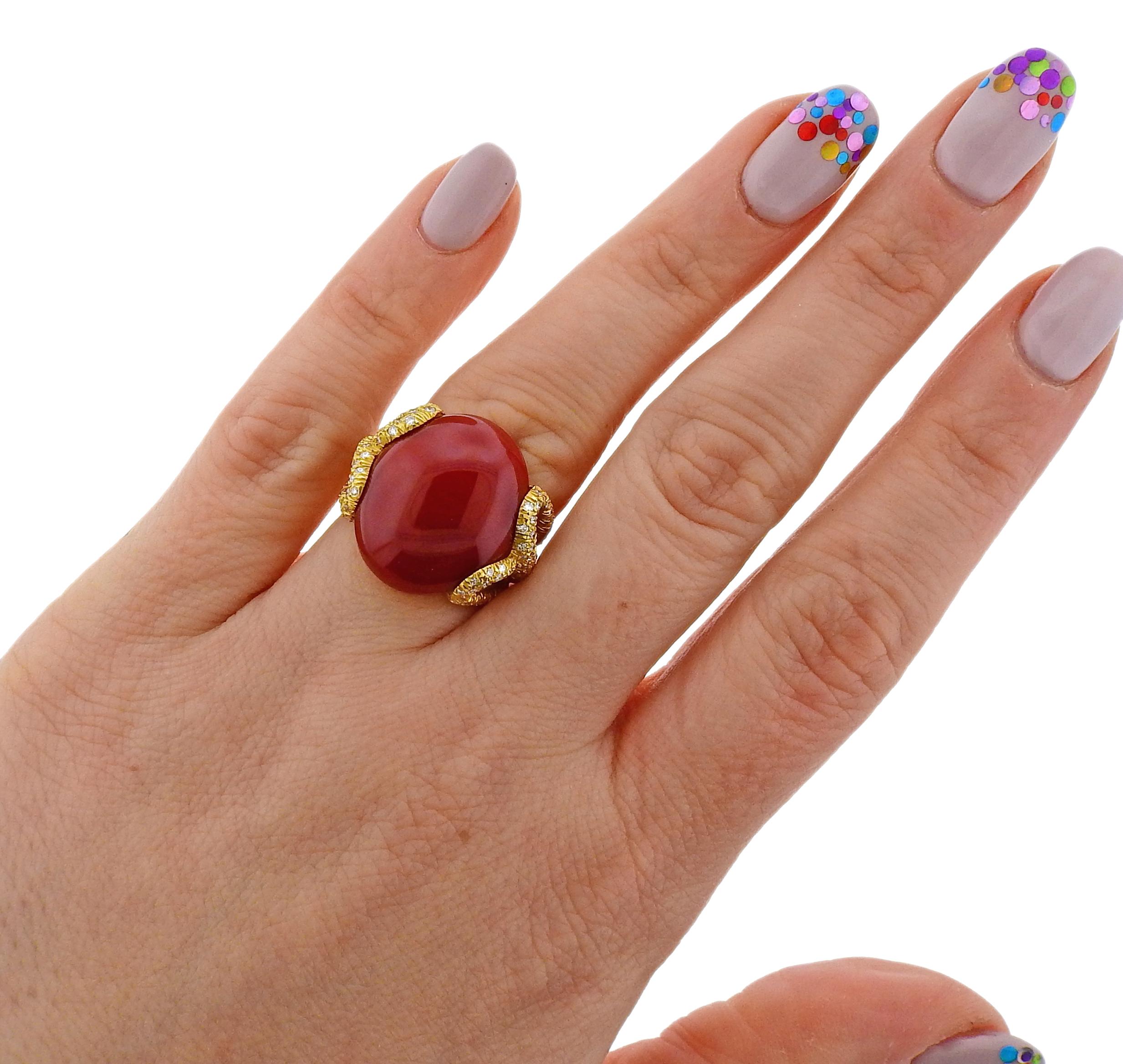 Women's Henry Dunay Oxblood Coral Diamond Gold Ring For Sale