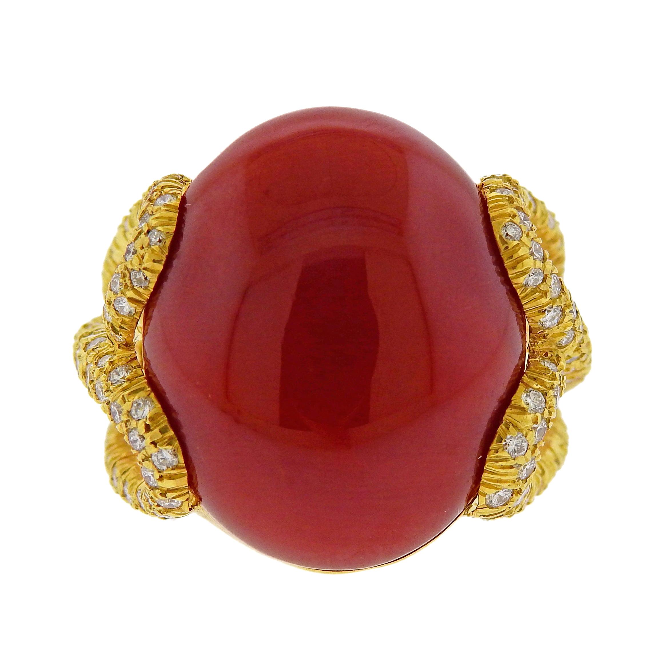 Henry Dunay Oxblood Coral Diamond Gold Ring For Sale