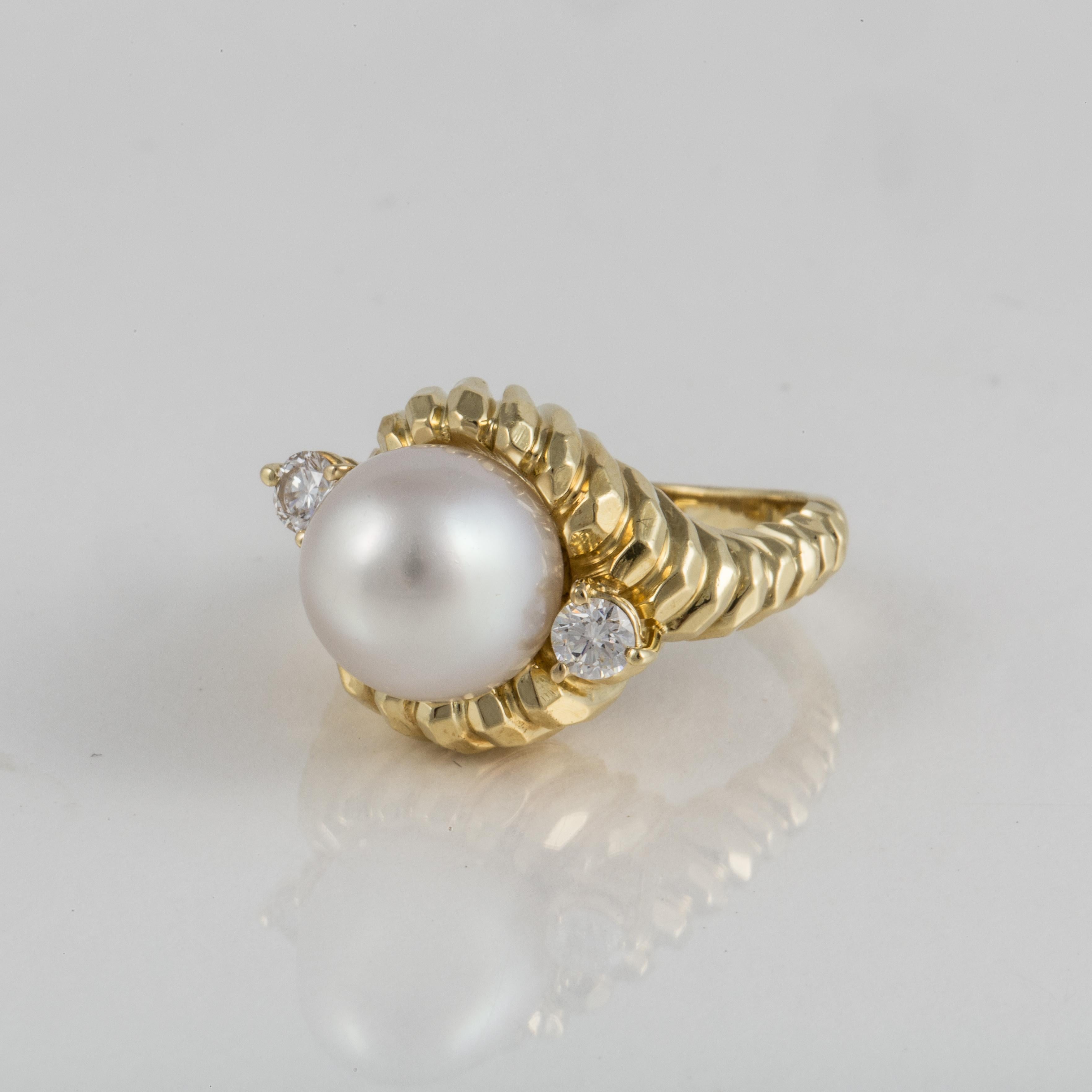 Round Cut Henry Dunay Pearl and Diamond Ring in 18K Gold