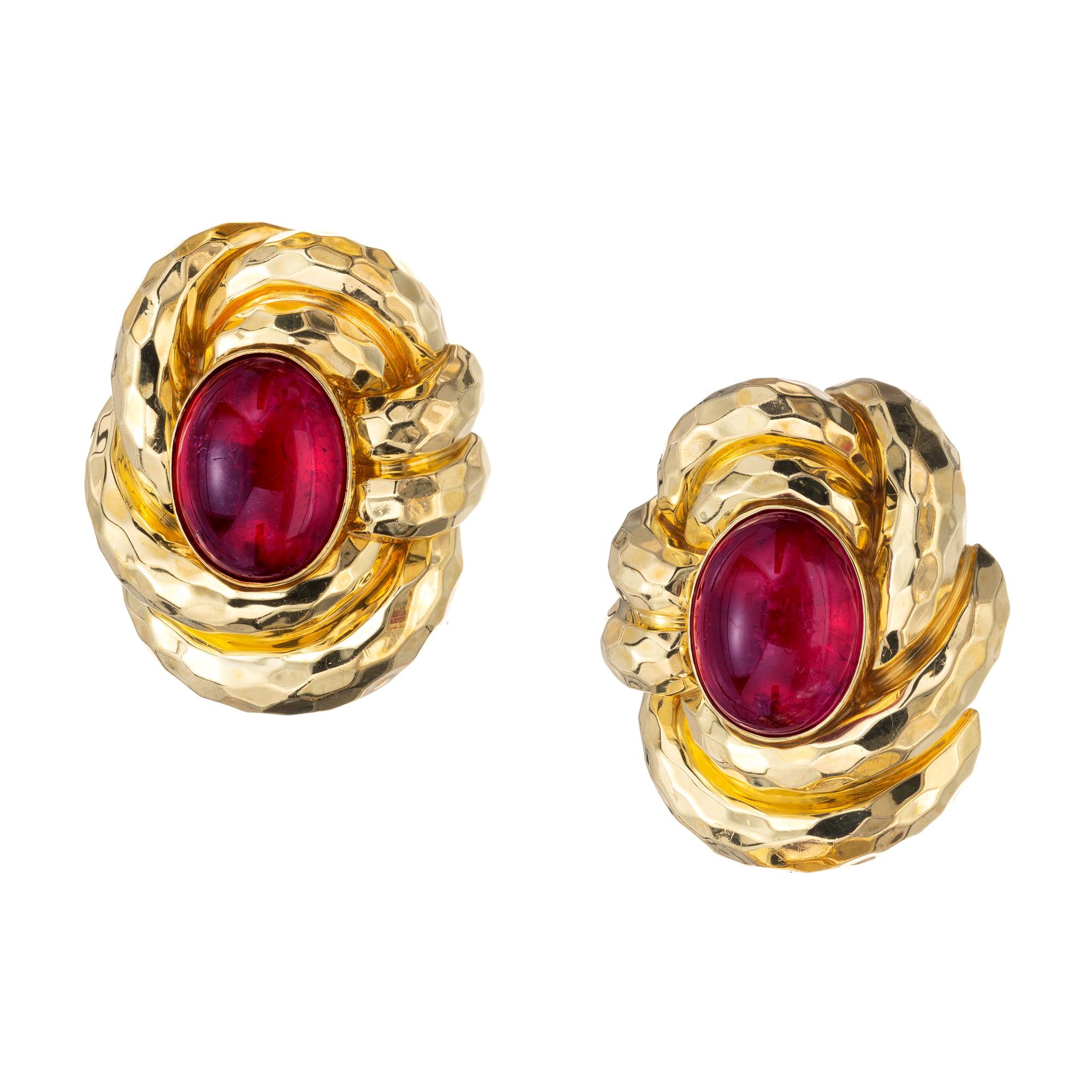 Henry Dunay Pink Tourmaline Rubellite Hammered Gold Earrings