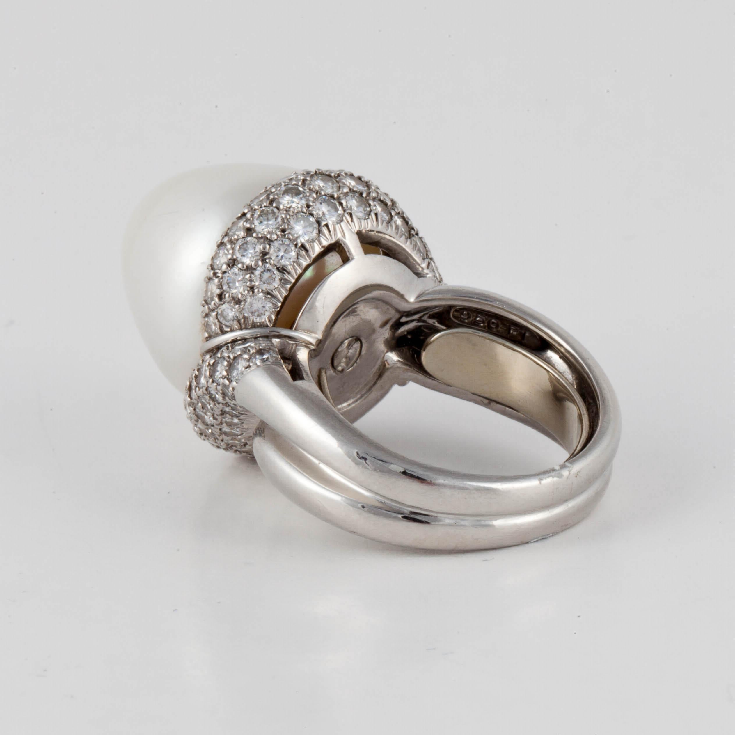Women's Henry Dunay Platinum Baroque Pearl and Diamond Ring For Sale