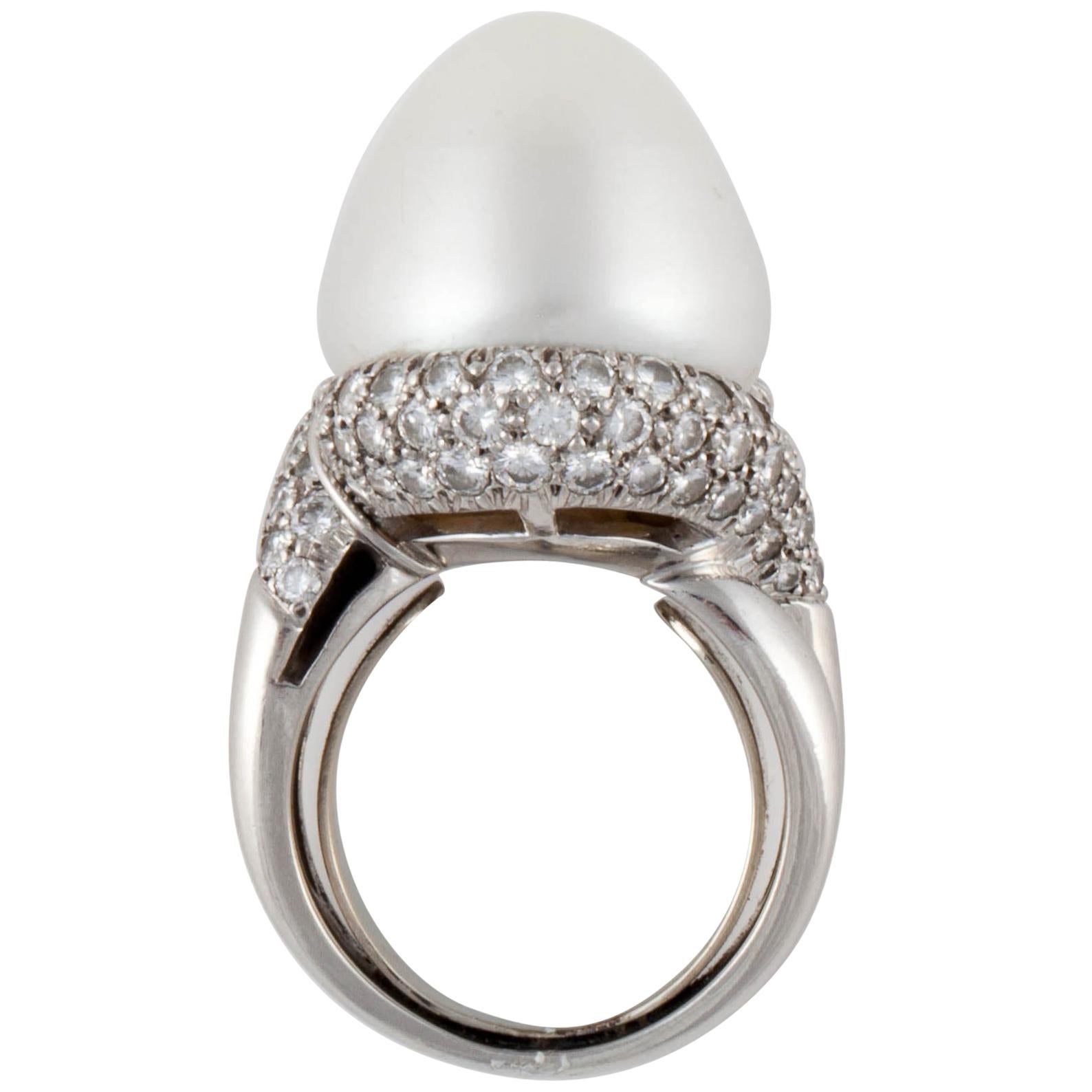 Henry Dunay Platinum Baroque Pearl and Diamond Ring